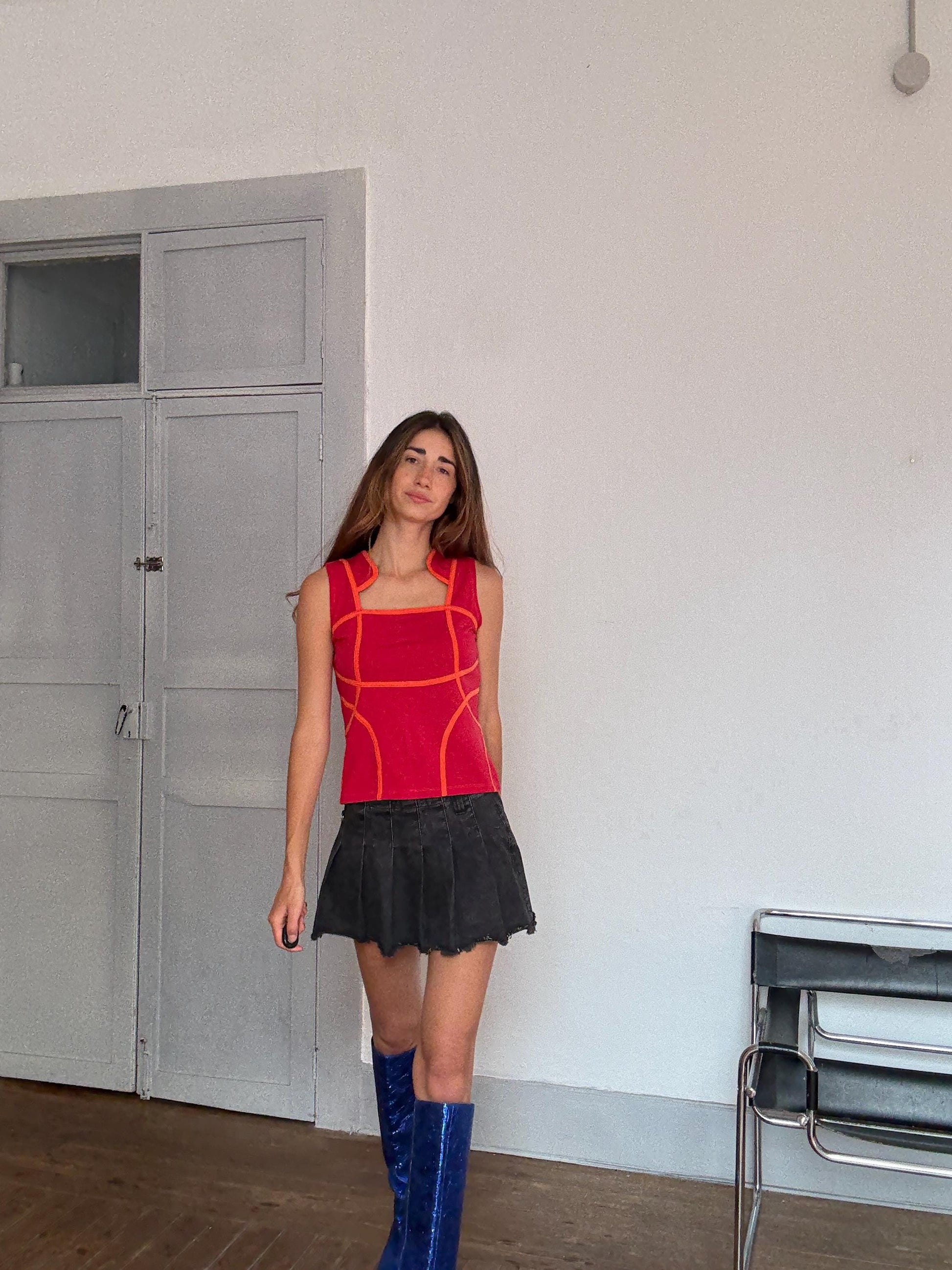 Y2K Vintage Futuristic Panel Top – Cyber Tank with Contrast Stitch – Spacecore Club Kid Aesthetic – Christina Milian Style, Size L