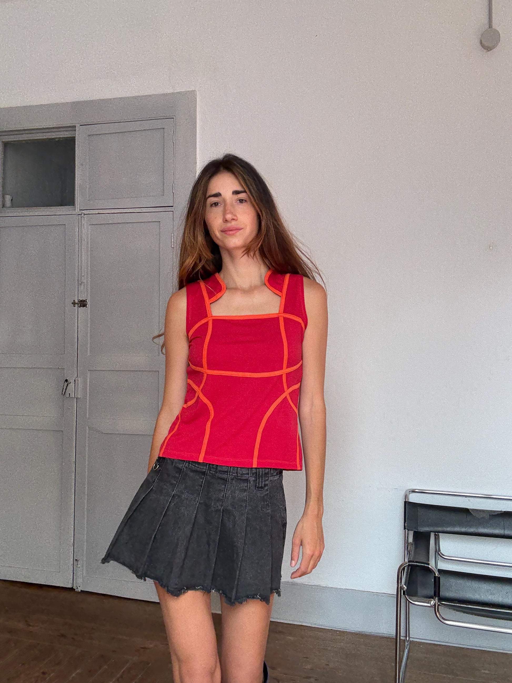 Y2K Vintage Futuristic Panel Top – Cyber Tank with Contrast Stitch – Spacecore Club Kid Aesthetic – Christina Milian Style, Size L