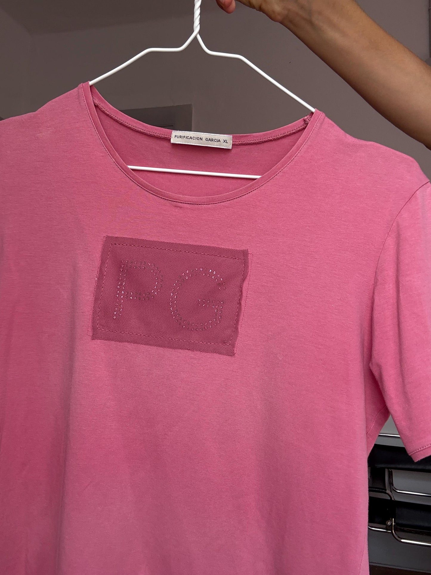 Purificación García Pink Logo T-Shirt – Size XL – Stretch Cotton – Spanish Designer – Y2K Vibes