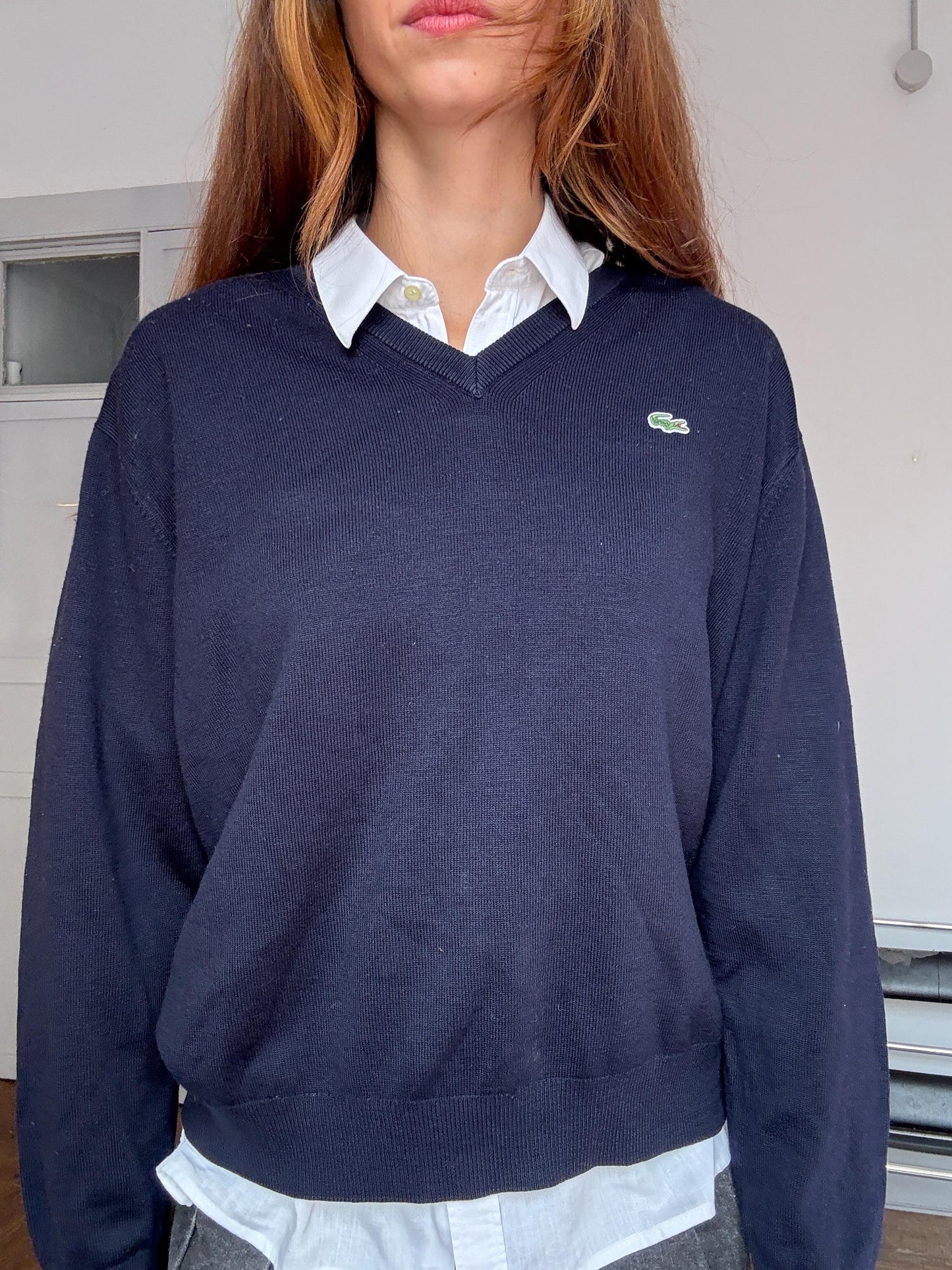 Vintage Lacoste Wool Blend Jumper – Tag Size 5 – Navy Blue – Unisex – Preppy / Academia Style