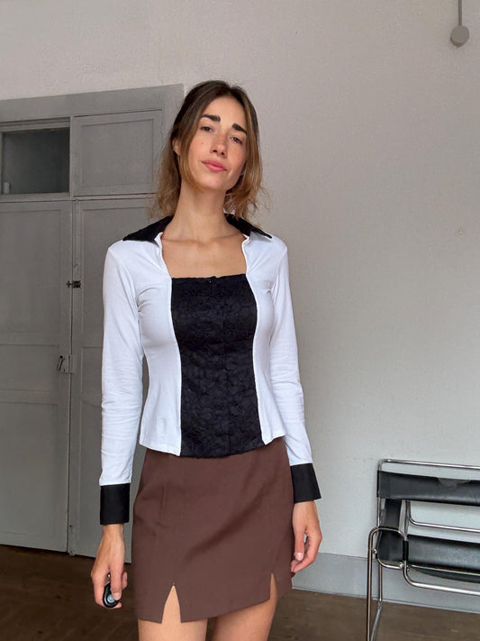 Vintage Nara Camicie Italy Romantic Lace Shirt – Black & White Corset Style Blouse – 90s Luxury Vibe – Worn Like Bella Hadid