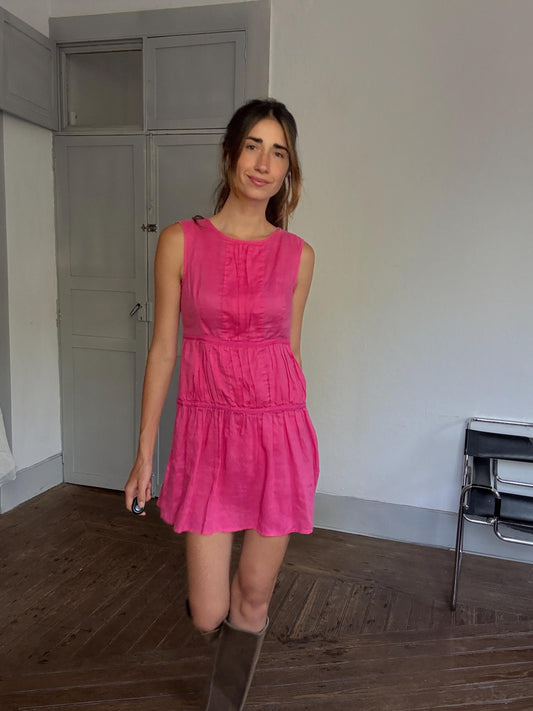 Vintage El Corte Inglés Pink Ramie Mini Dress – 90s It-Girl Style – Barbiecore Summer Look – Size S/M