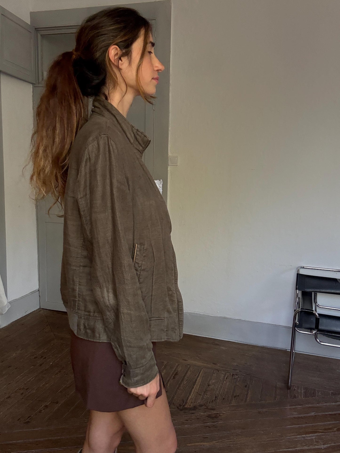 Luxe Massimo Dutti ( Originally Men's ) Green Linen Jacket – Effortless Unisex Parisian Style fashion (M)