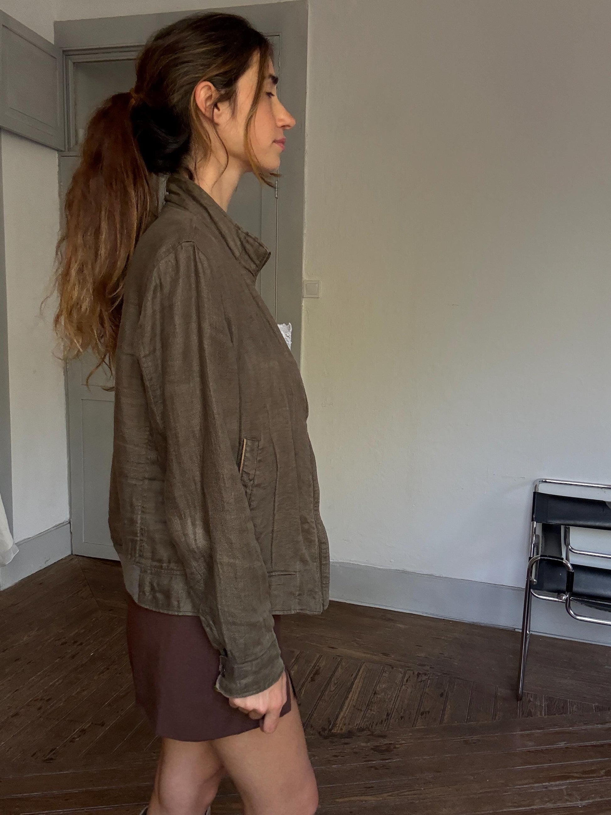 Luxe Massimo Dutti ( Originally Men's ) Green Linen Jacket – Effortless Unisex Parisian Style fashion (M)