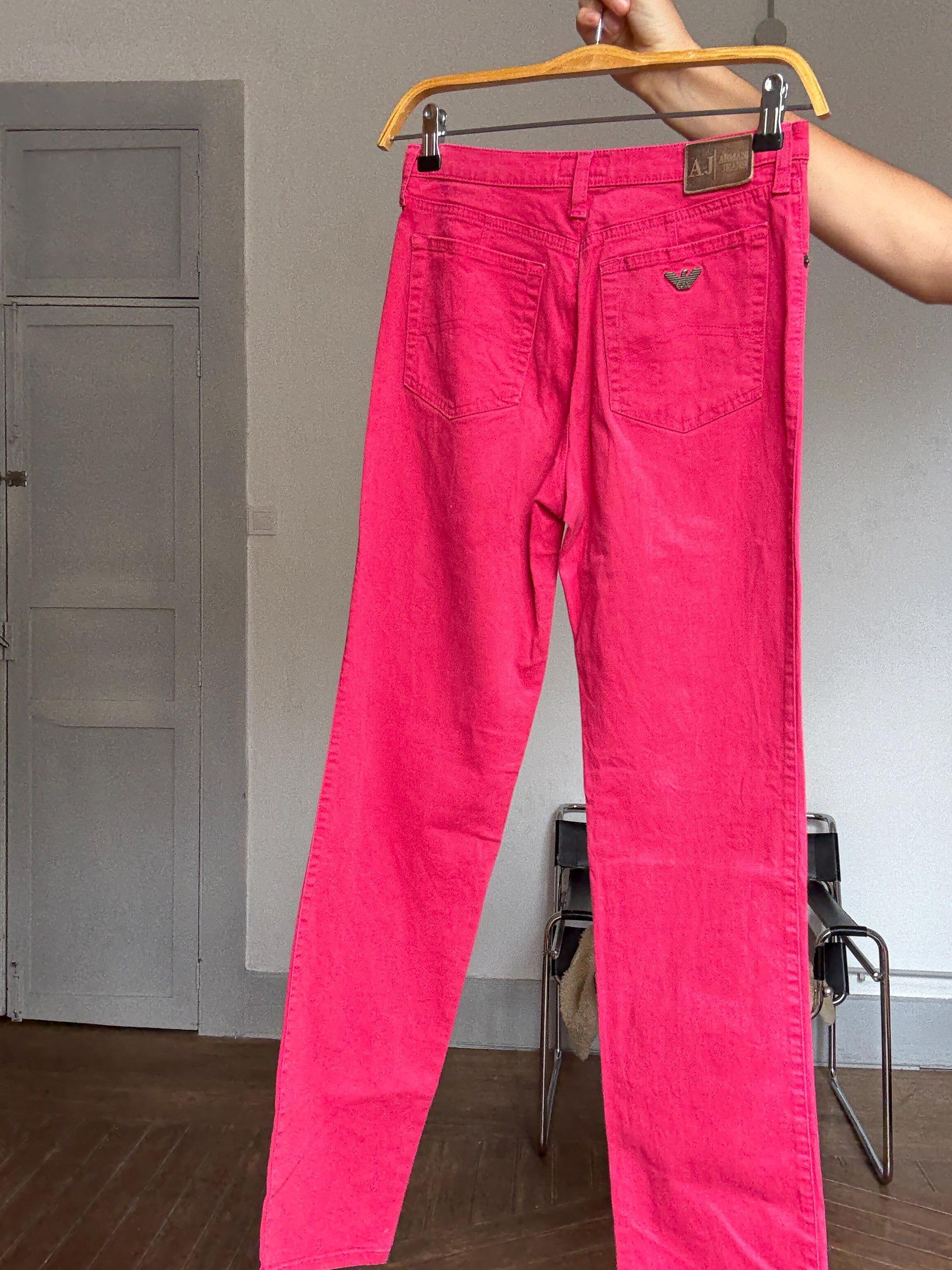 Vintage Armani Jeans Red Trousers – Size 28 – Designer Statement Pants
