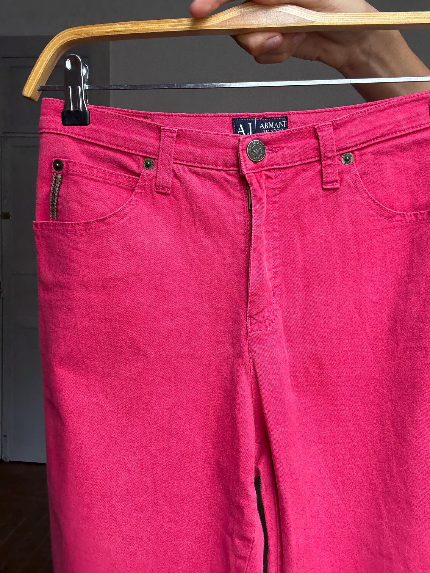 Vintage Armani Jeans Red Trousers – Size 28 – Designer Statement Pants