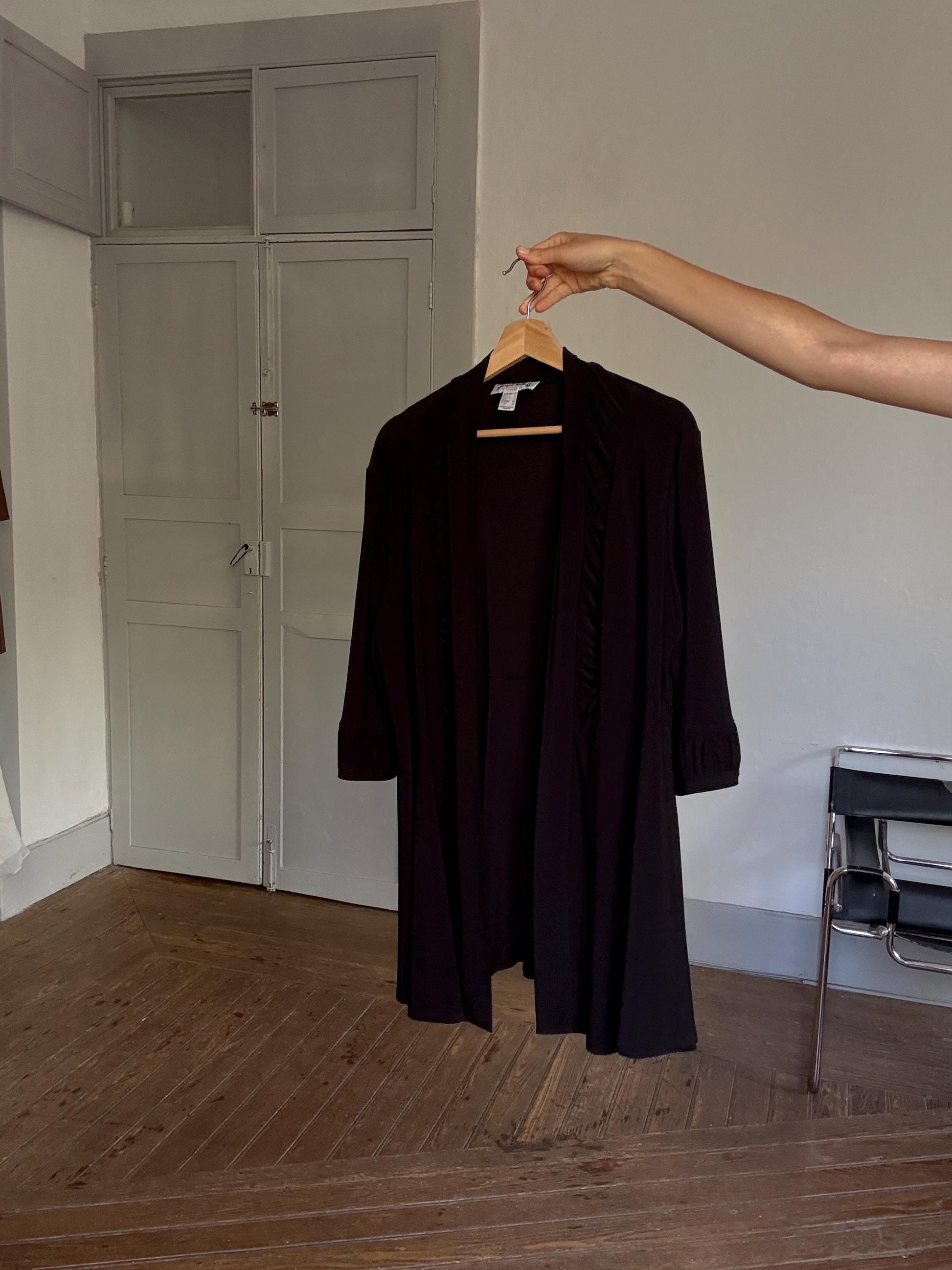 Vintage JOSEPH RIBKOFF Black Long Vest – Elegant Minimalist Drape Open Cardigan, Size XXXXL – Made in Canada