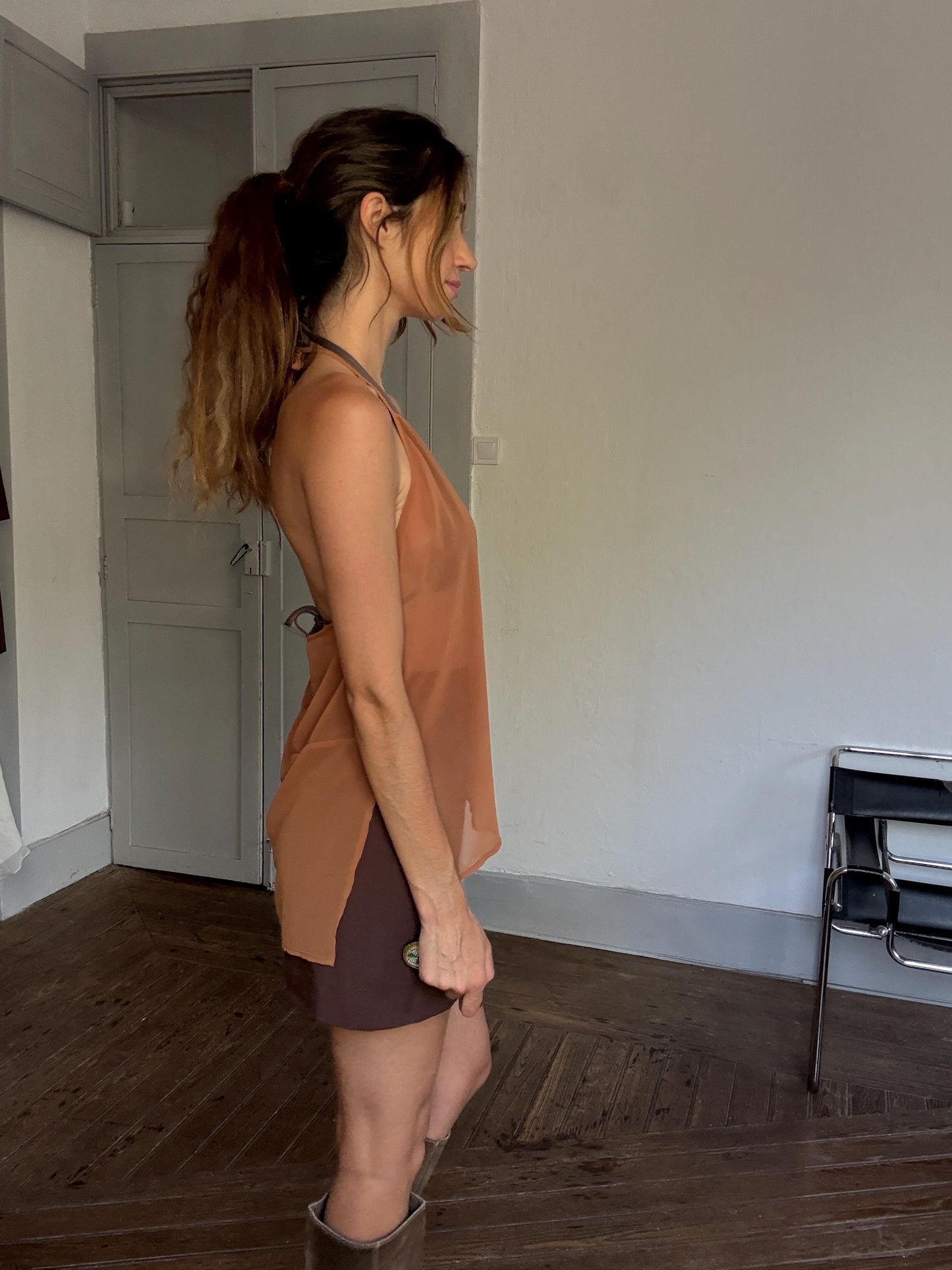 Y2K Sheer Brown Halter Top – Festival Mesh Camisole, Earthy Lightweight Tie Neck, See-Through Bikini Cover, Size S/M