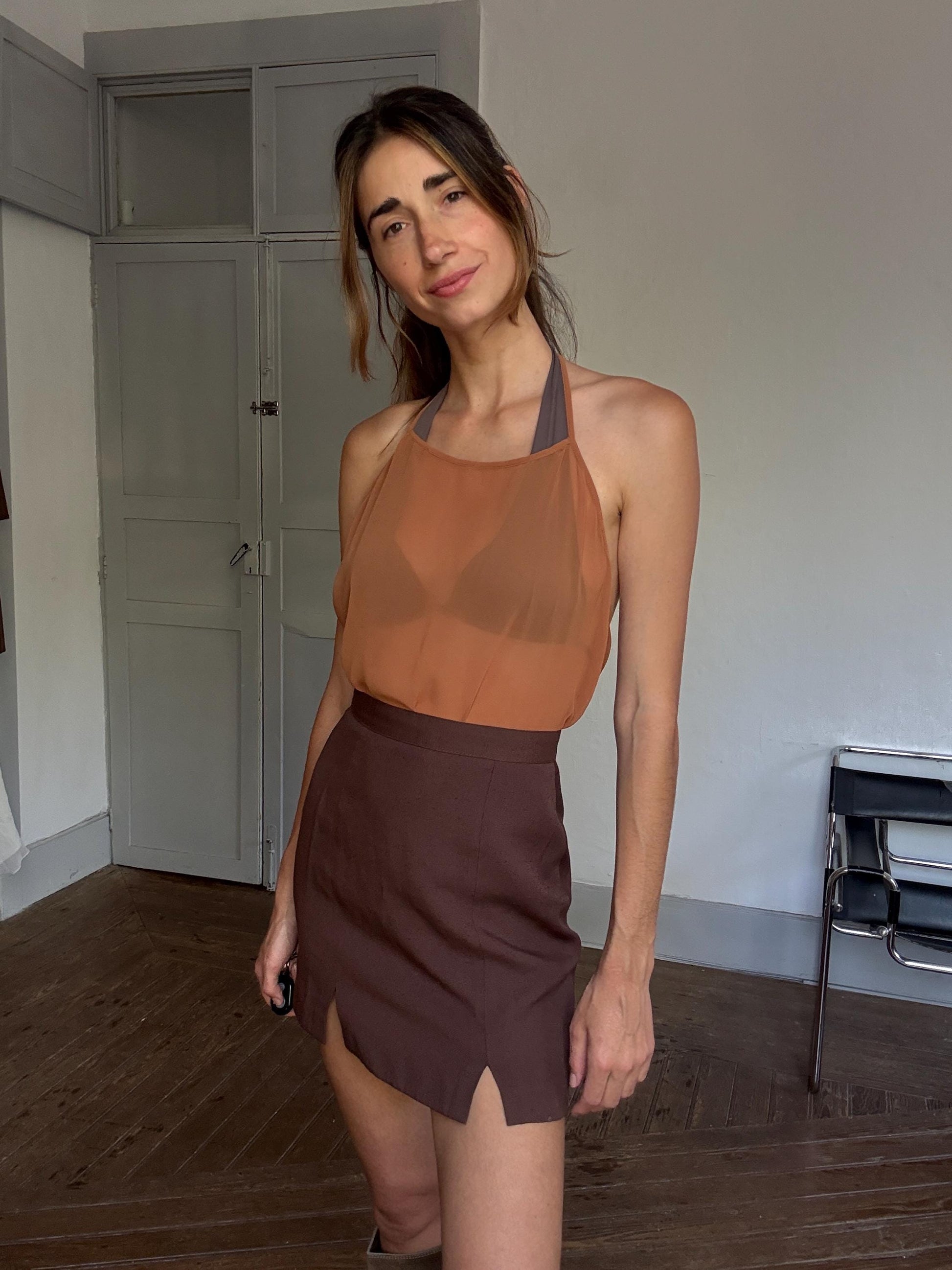 Y2K Sheer Brown Halter Top – Festival Mesh Camisole, Earthy Lightweight Tie Neck, See-Through Bikini Cover, Size S/M