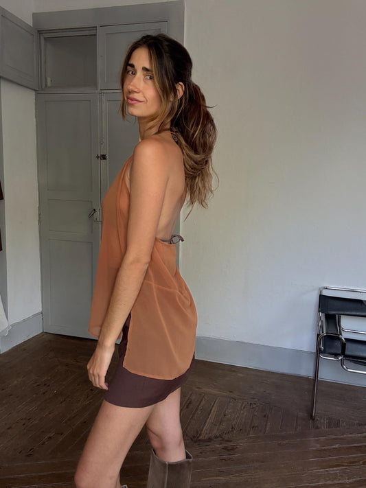 Y2K Sheer Brown Halter Top – Festival Mesh Camisole, Earthy Lightweight Tie Neck, See-Through Bikini Cover, Size S/M