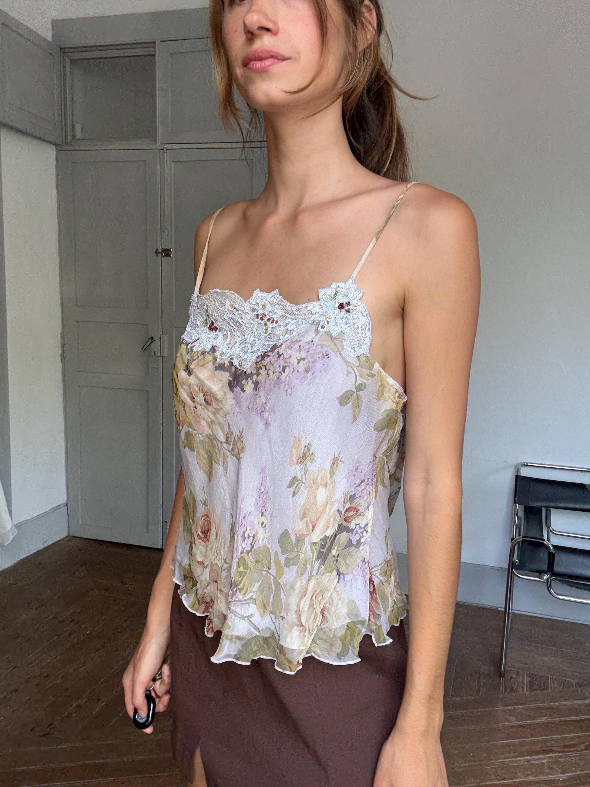 Vintage Renato Nucci Silk Camisole – Floral Lace Trim Lingerie Top, Y2K Nightwear, Romantic 2000s Cami, Delicate Sheer Slip Tank