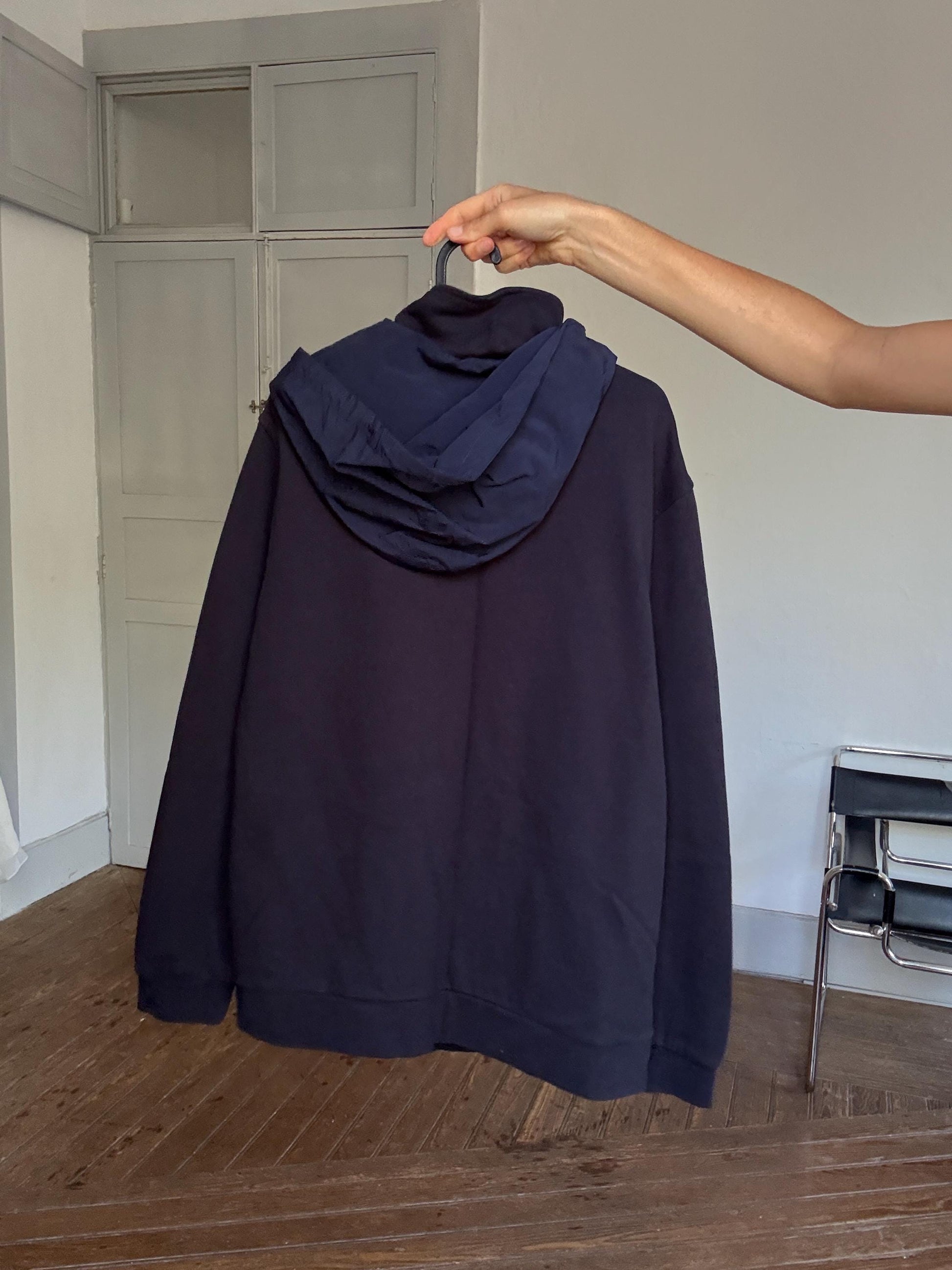 Pedro del Hierro Navy Hooded Zip Jacket – Unisex Luxe Sporty Jacket, Secondhand XL Cardigan, Designer Cotton Jacket with Hood