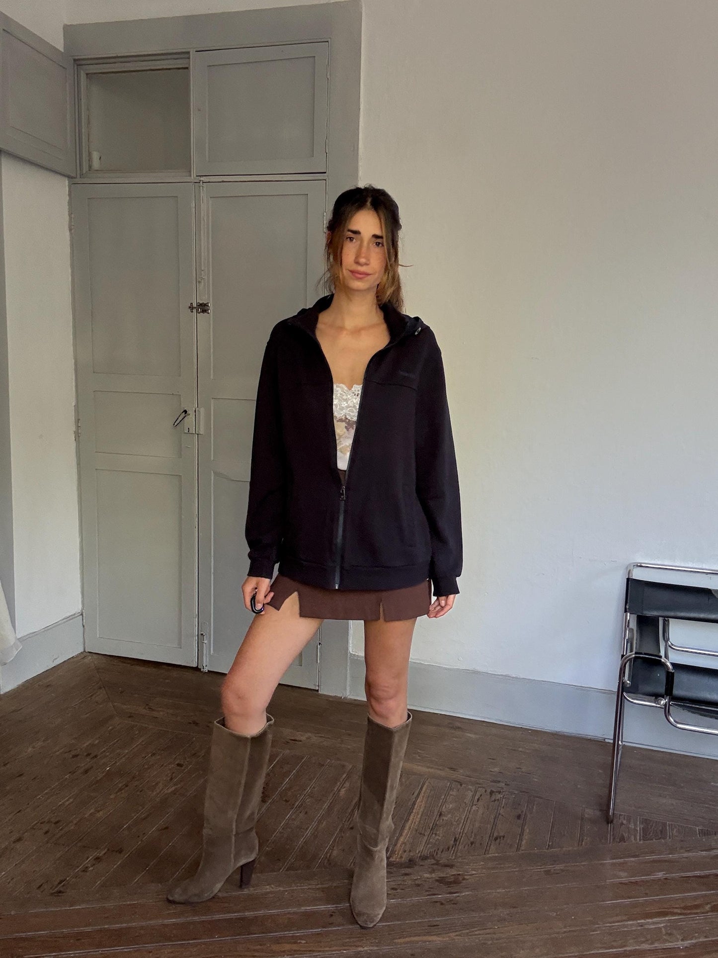 Pedro del Hierro Navy Hooded Zip Jacket – Unisex Luxe Sporty Jacket, Secondhand XL Cardigan, Designer Cotton Jacket with Hood