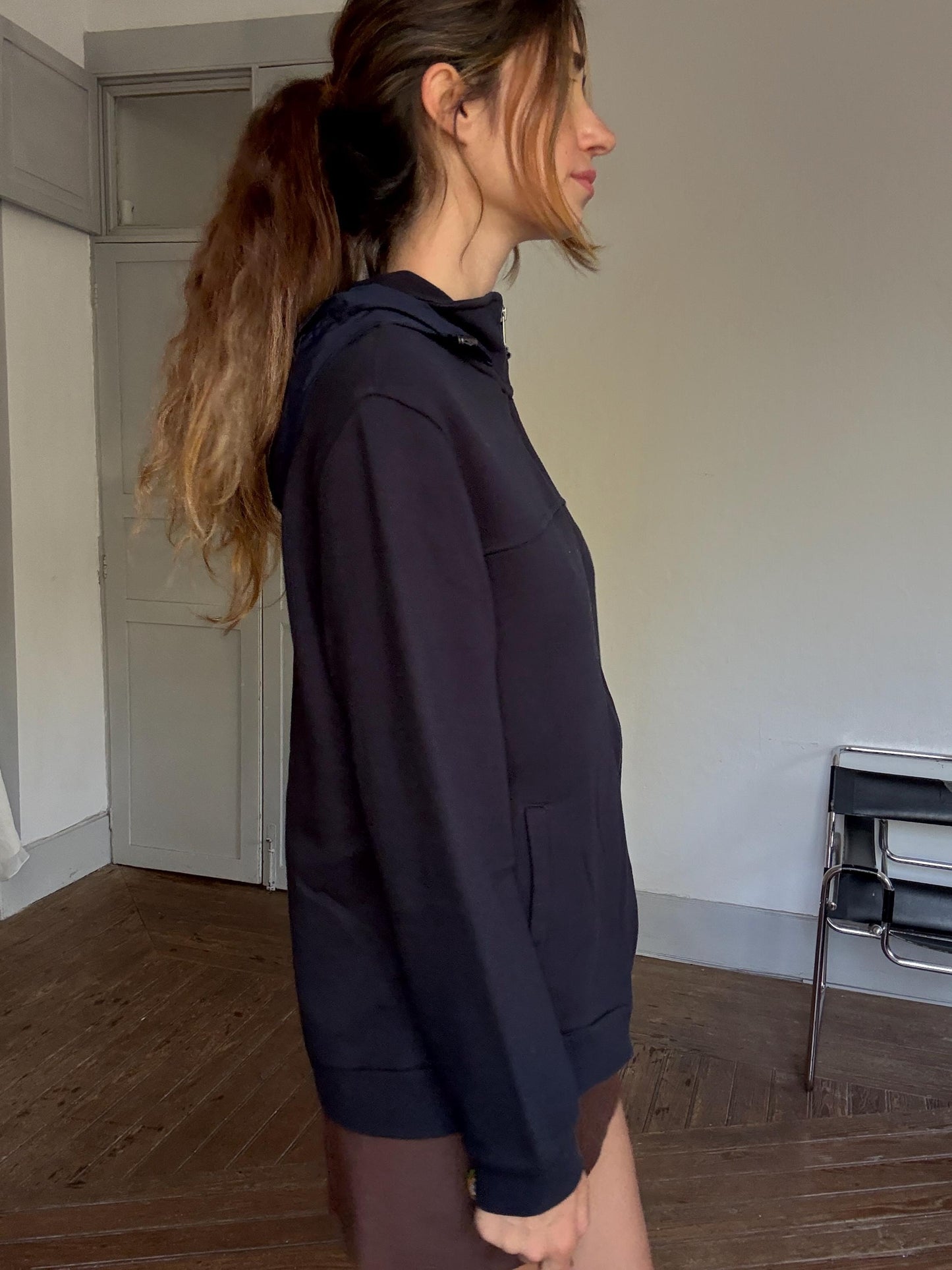Pedro del Hierro Navy Hooded Zip Jacket – Unisex Luxe Sporty Jacket, Secondhand XL Cardigan, Designer Cotton Jacket with Hood