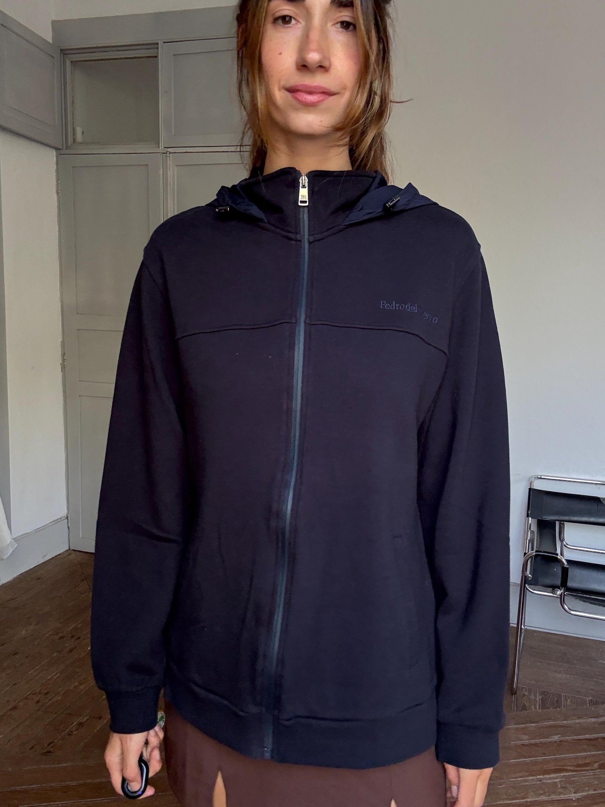 Pedro del Hierro Navy Hooded Zip Jacket – Unisex Luxe Sporty Jacket, Secondhand XL Cardigan, Designer Cotton Jacket with Hood