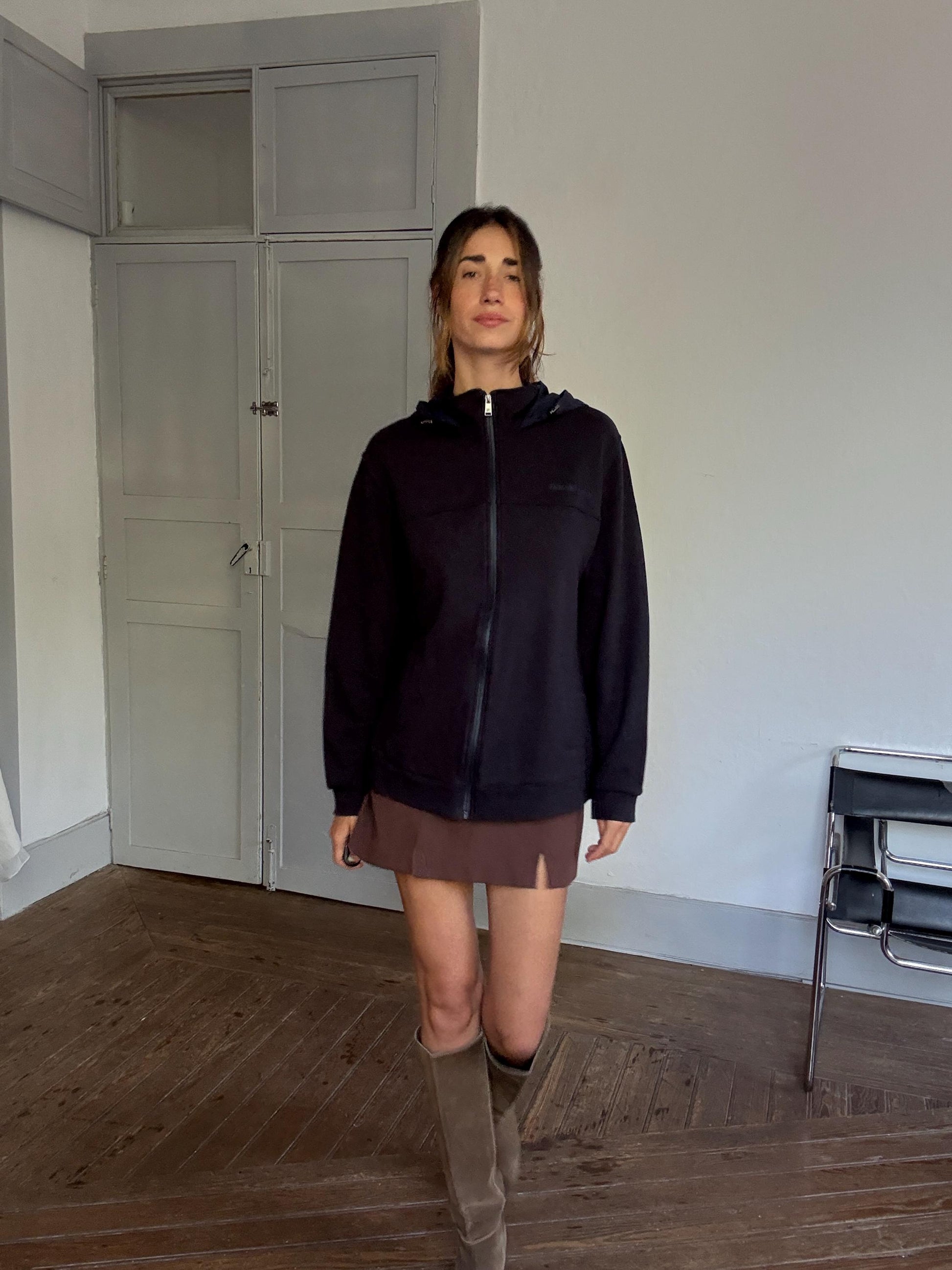 Pedro del Hierro Navy Hooded Zip Jacket – Unisex Luxe Sporty Jacket, Secondhand XL Cardigan, Designer Cotton Jacket with Hood