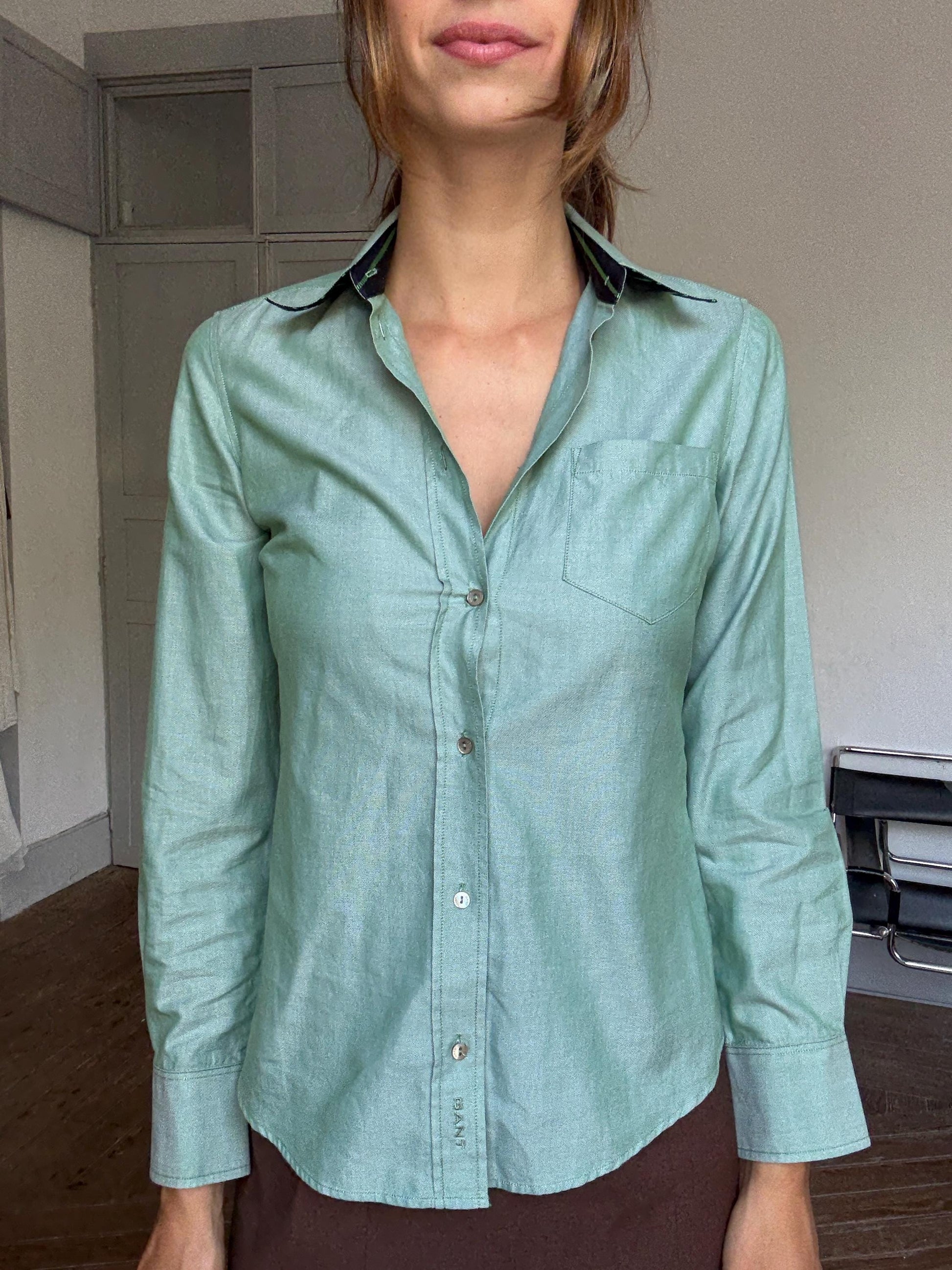 GANT Green Cotton Button-Down Shirt – Classic Long Sleeve Shirt, Size 36 UK10 US6, Made in Portugal, 100% Cotton, Preppy Office Style