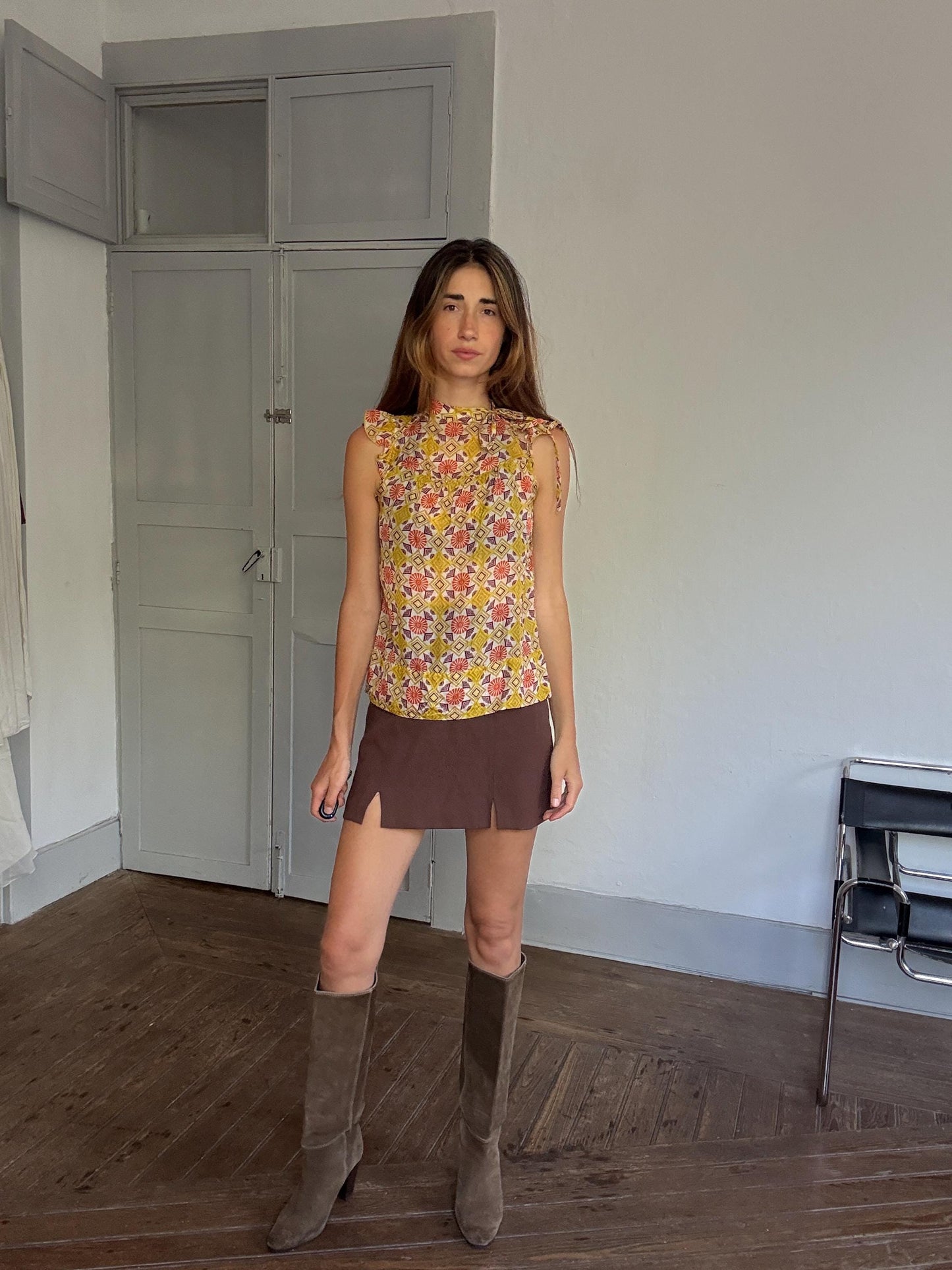 Groovy 70s Silk Top, Mock Neck Summer Blouse | Retro Print Y2K Vibes | Sienna Miller Style