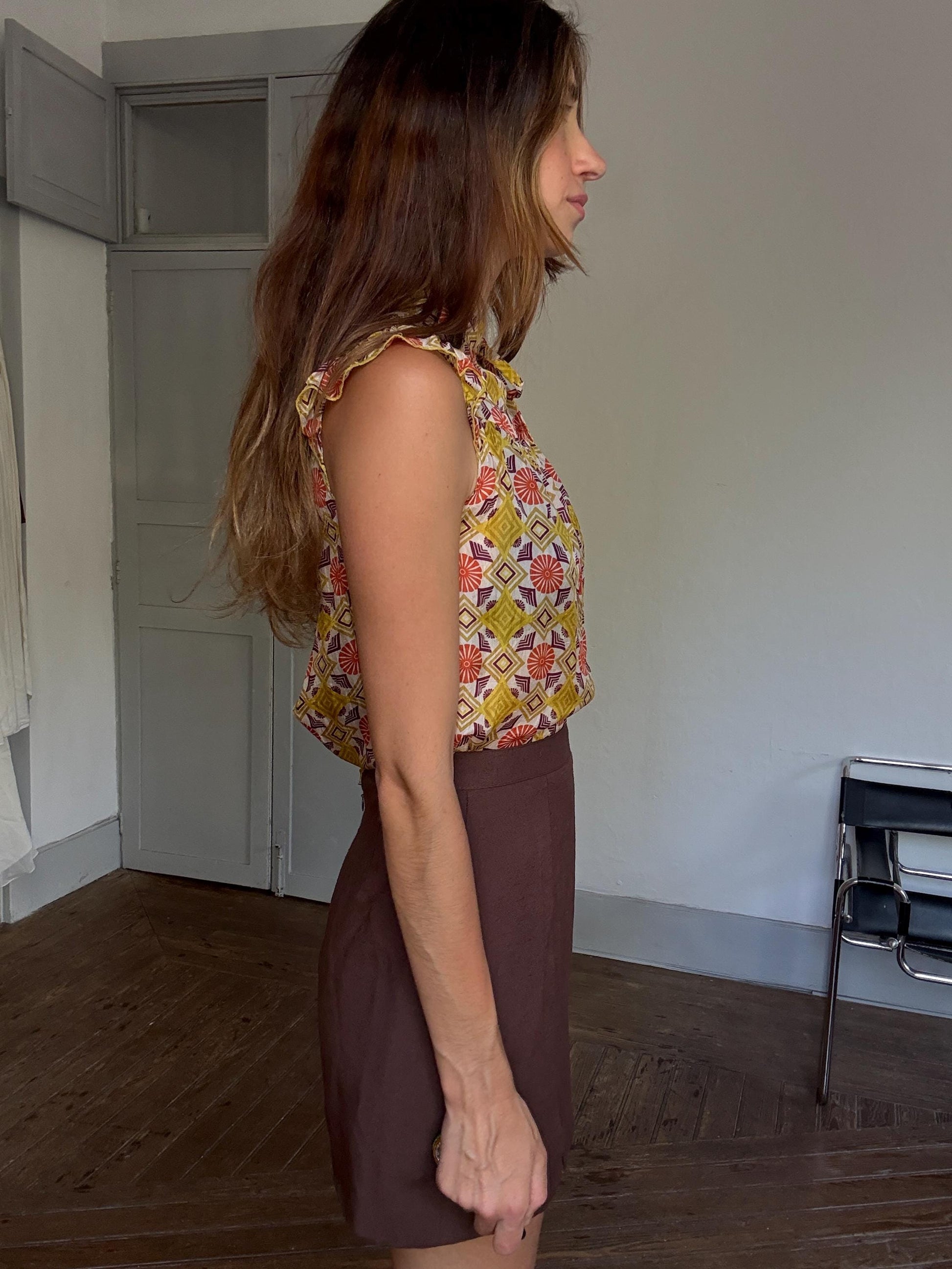 Groovy 70s Silk Top, Mock Neck Summer Blouse | Retro Print Y2K Vibes | Sienna Miller Style