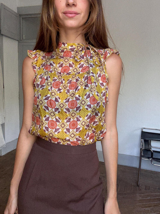 Groovy 70s Silk Top, Mock Neck Summer Blouse | Retro Print Y2K Vibes | Sienna Miller Style