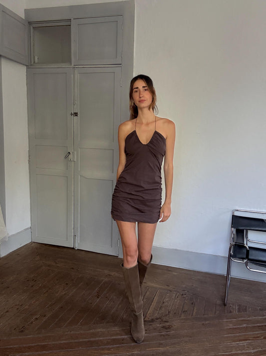 Y2K Brown Ruched Halter Mini Dress | 90s Clubwear Vibes | Size M