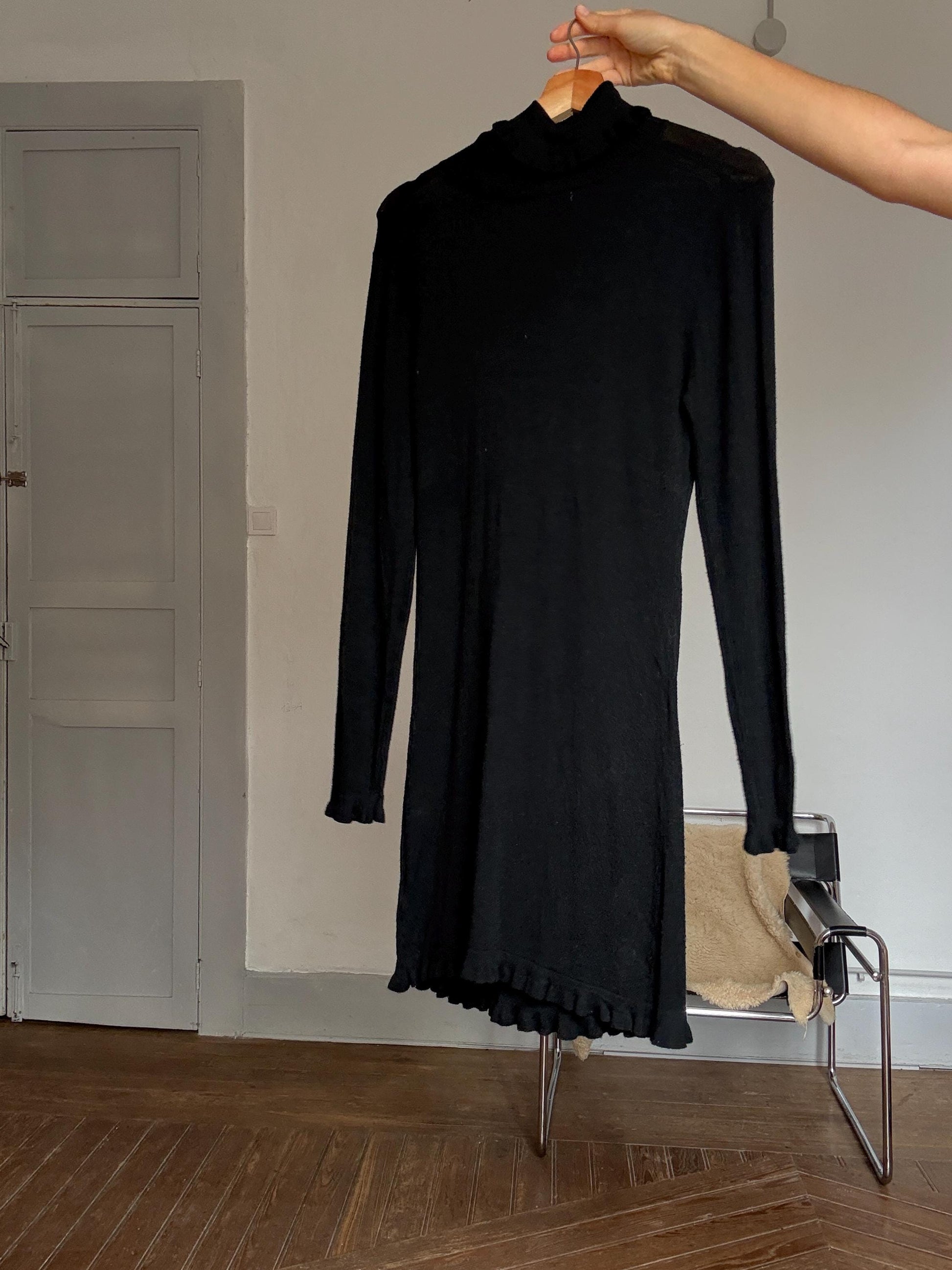 Vintage Black Wool Cashmere Mini Dress – Eva Rosa Collection – Long Sleeve Turtleneck Knit Dress with Bows – Soft Warm Winter Dress Size S-M