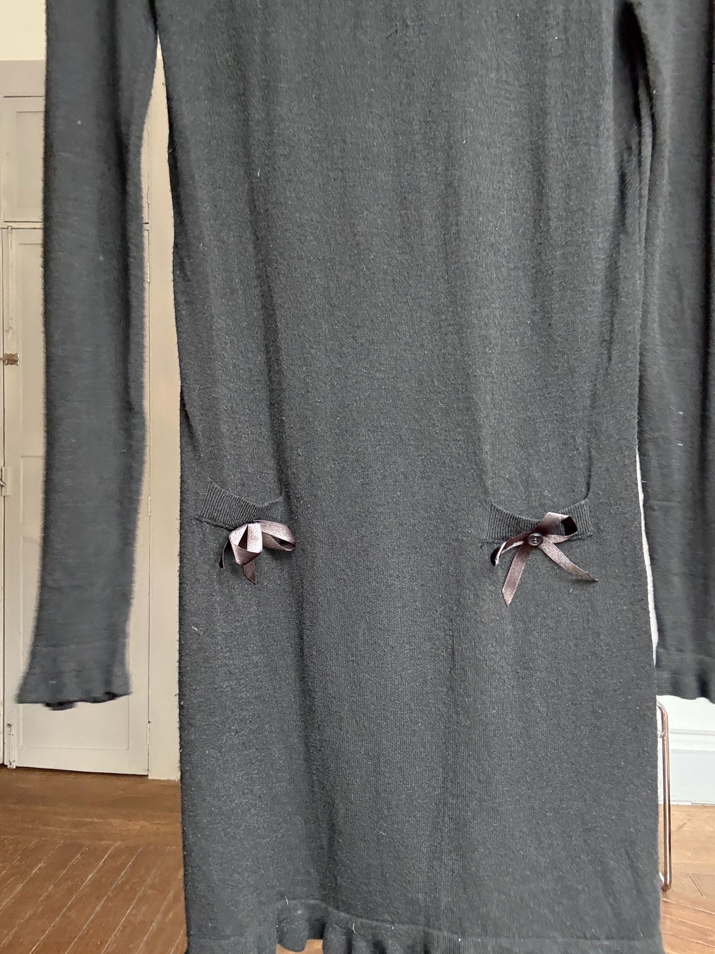 Vintage Black Wool Cashmere Mini Dress – Eva Rosa Collection – Long Sleeve Turtleneck Knit Dress with Bows – Soft Warm Winter Dress Size S-M