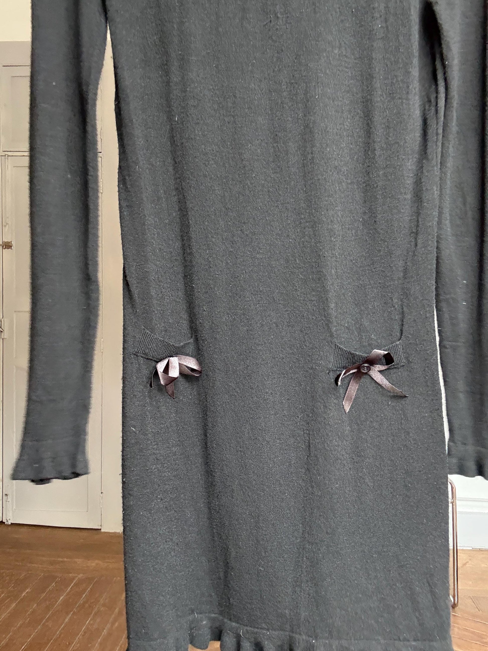 Vintage Black Wool Cashmere Mini Dress – Eva Rosa Collection – Long Sleeve Turtleneck Knit Dress with Bows – Soft Warm Winter Dress Size S-M