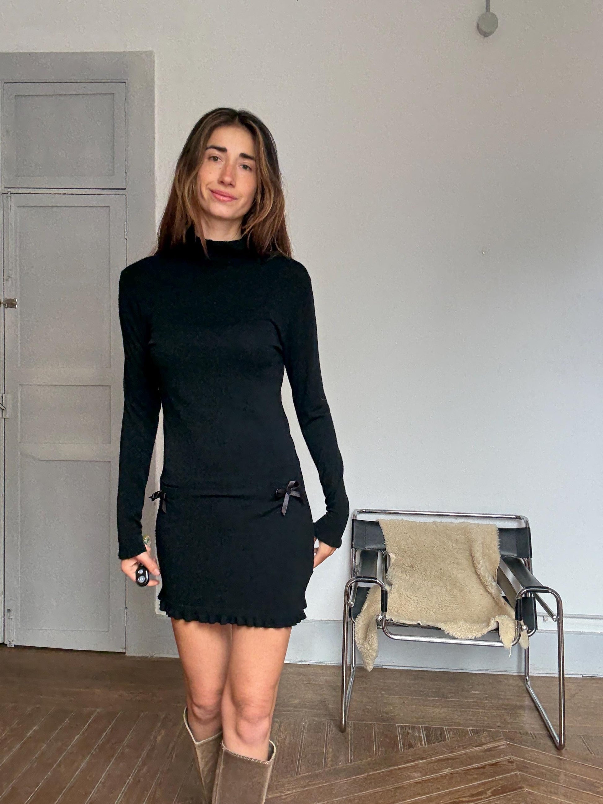 Vintage Black Wool Cashmere Mini Dress – Eva Rosa Collection – Long Sleeve Turtleneck Knit Dress with Bows – Soft Warm Winter Dress Size S-M