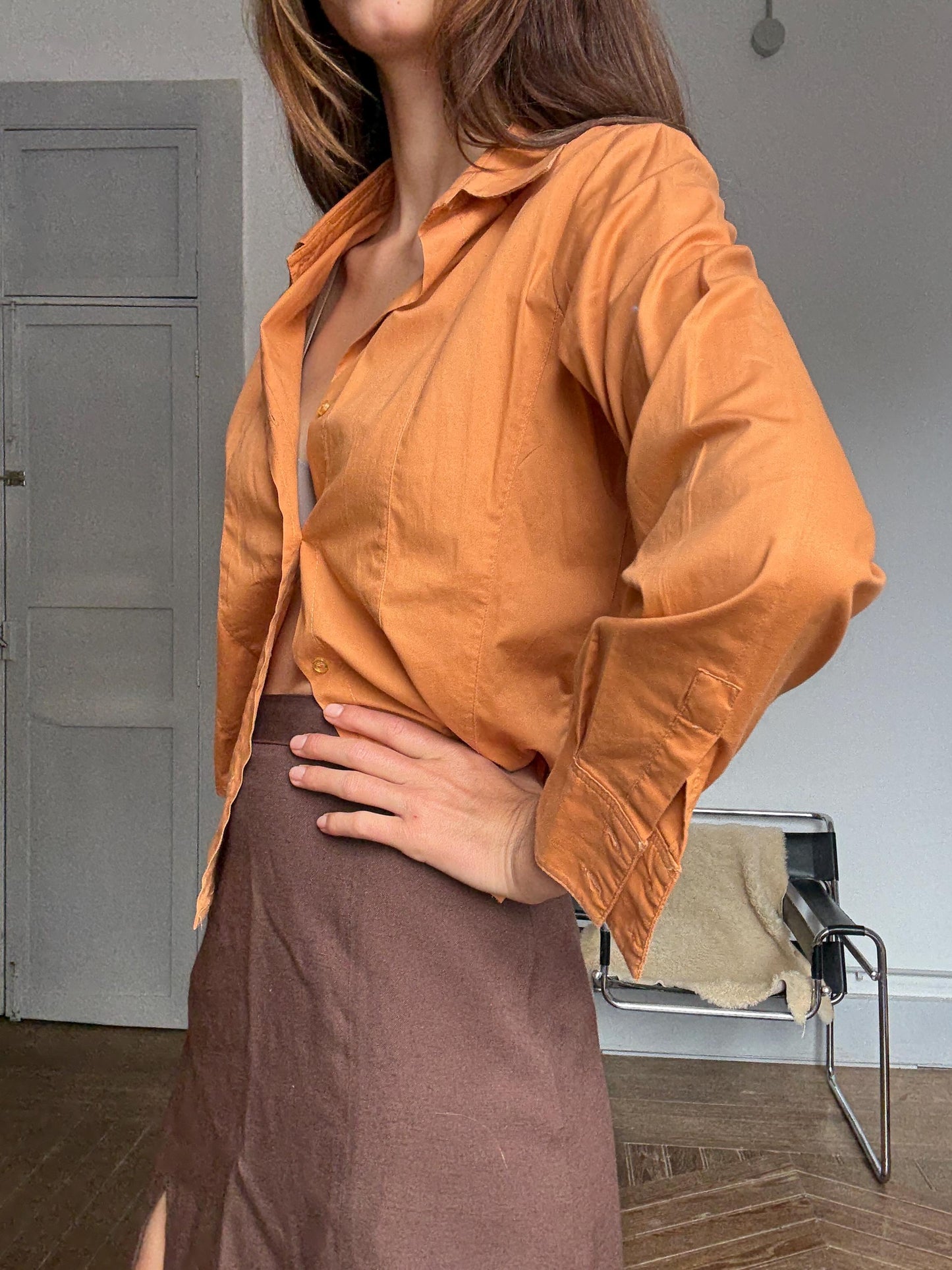 Y2K vintage orange button-down shirt – cotton stretch long sleeve top with tie front styling option (fits S-M)