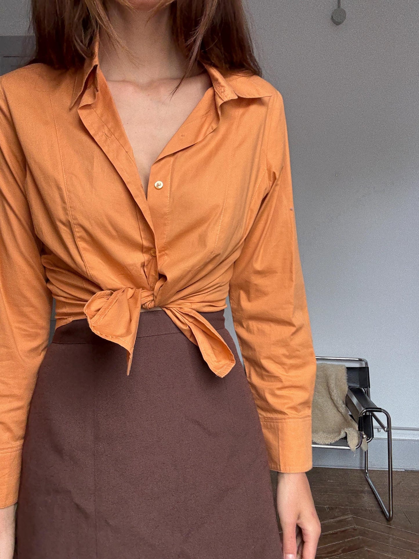 Y2K vintage orange button-down shirt – cotton stretch long sleeve top with tie front styling option (fits S-M)