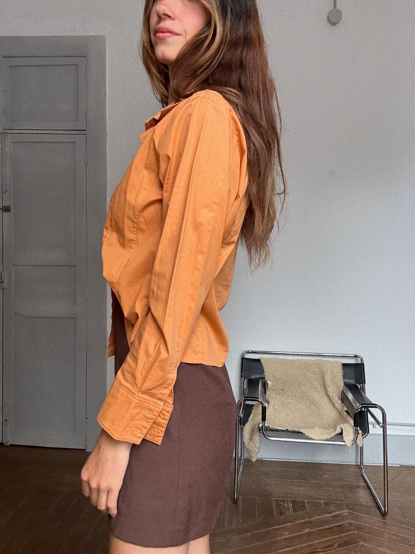 Y2K vintage orange button-down shirt – cotton stretch long sleeve top with tie front styling option (fits S-M)