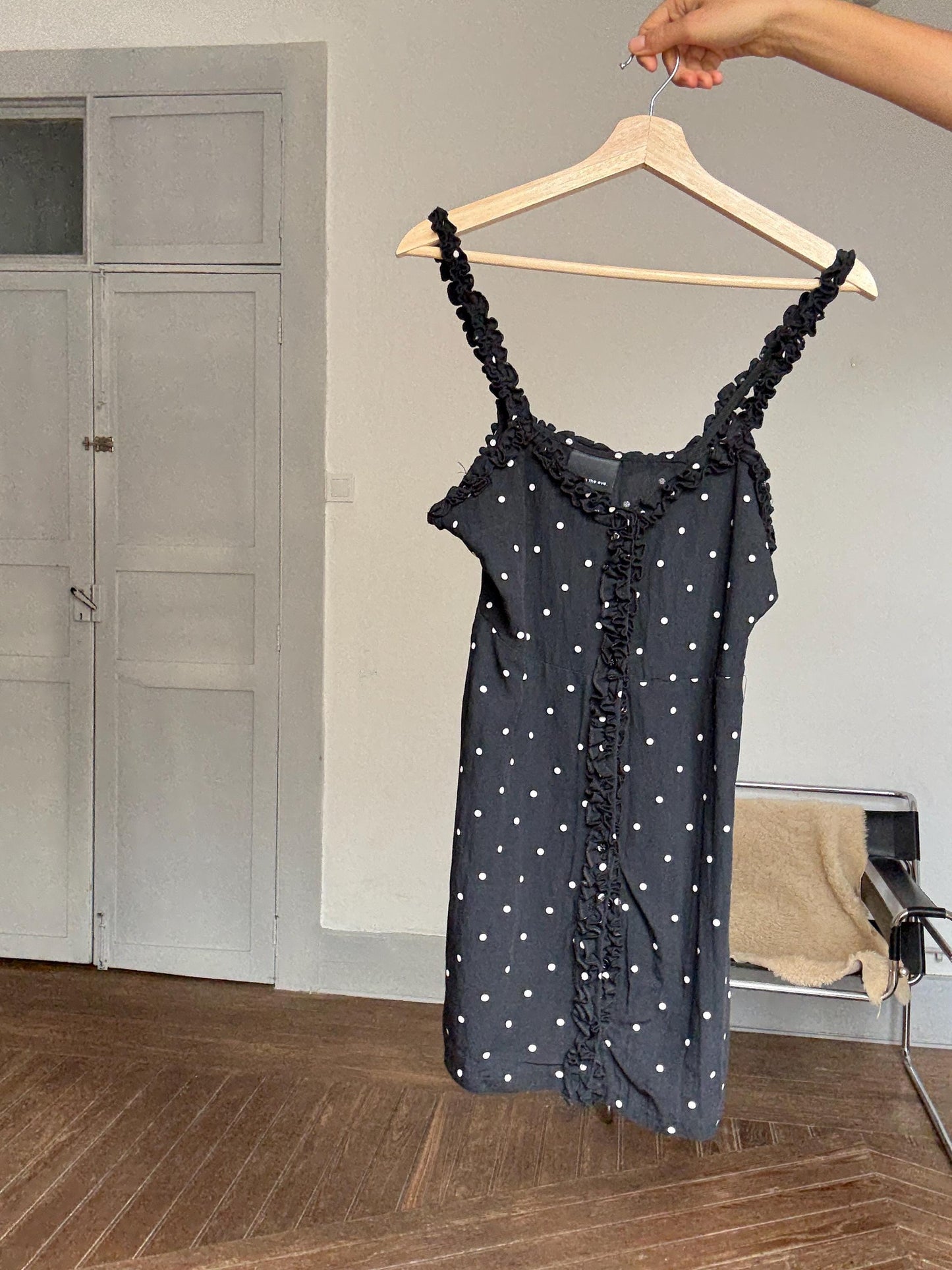 Vintage-style mini dress with polka dots and ruffle trim – Alice in the Eve, size S, cute secondhand summer slip