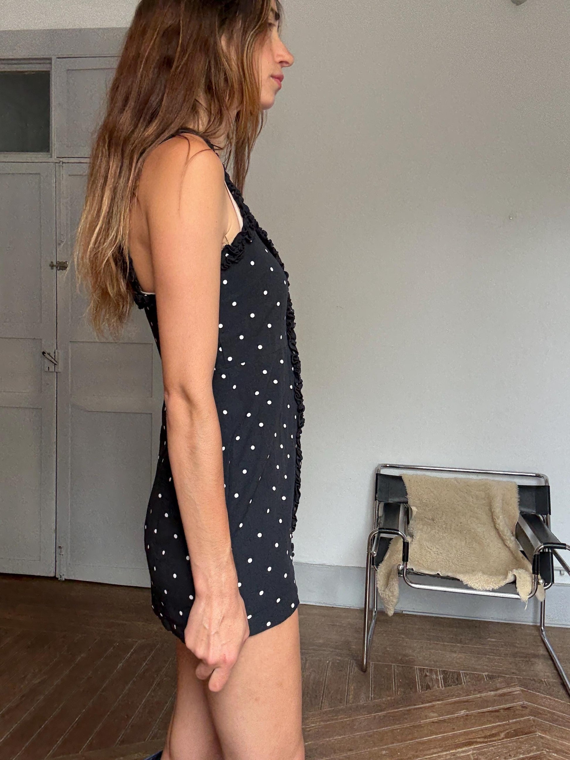 Vintage-style mini dress with polka dots and ruffle trim – Alice in the Eve, size S, cute secondhand summer slip