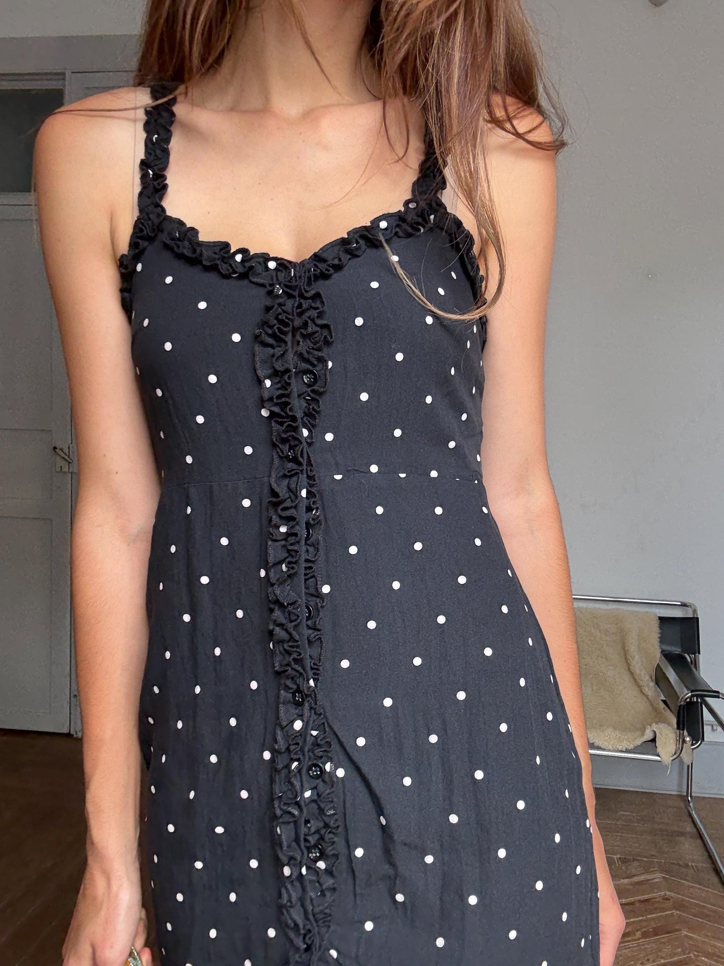Vintage-style mini dress with polka dots and ruffle trim – Alice in the Eve, size S, cute secondhand summer slip