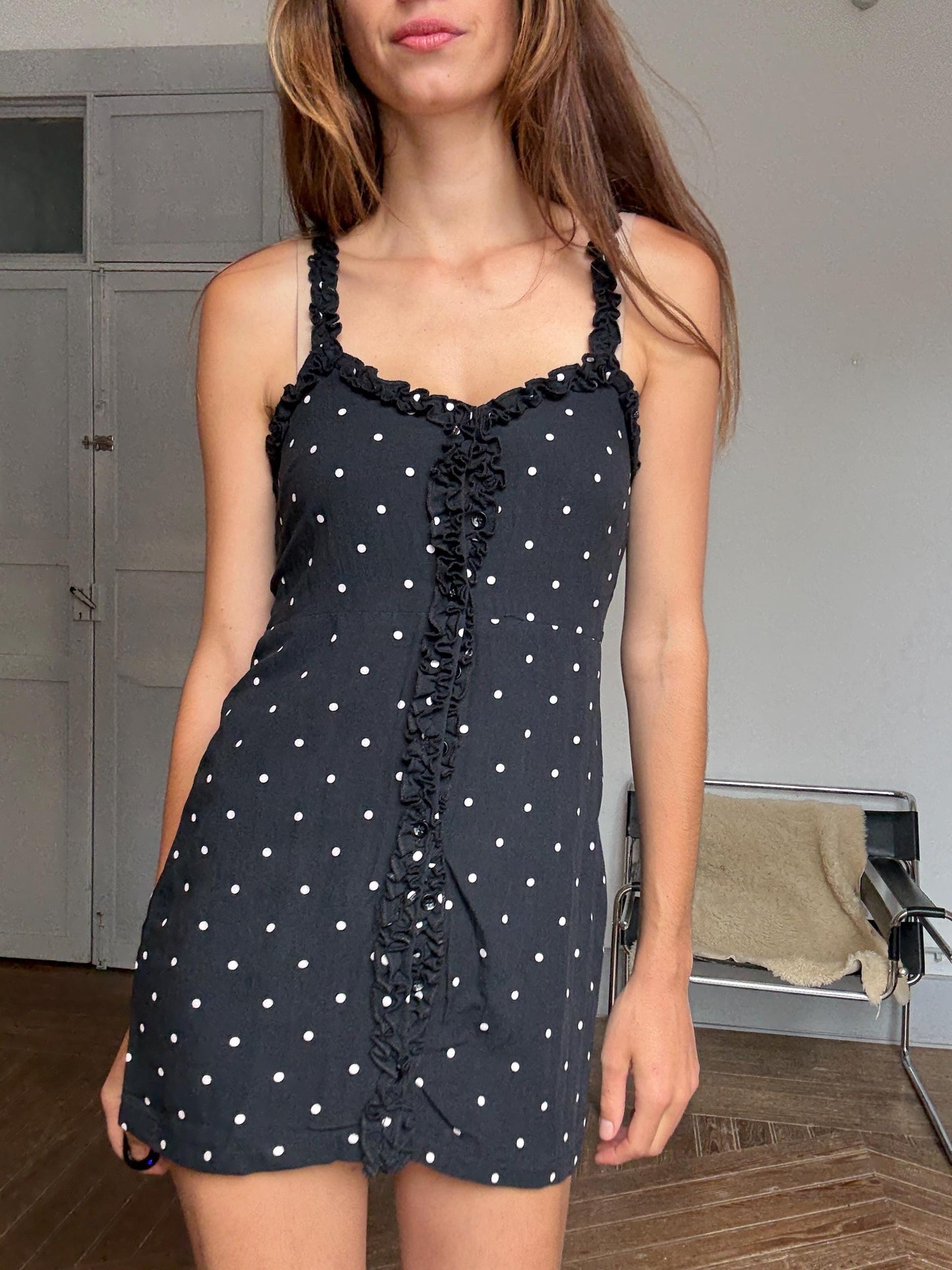 Vintage-style mini dress with polka dots and ruffle trim – Alice in the Eve, size S, cute secondhand summer slip