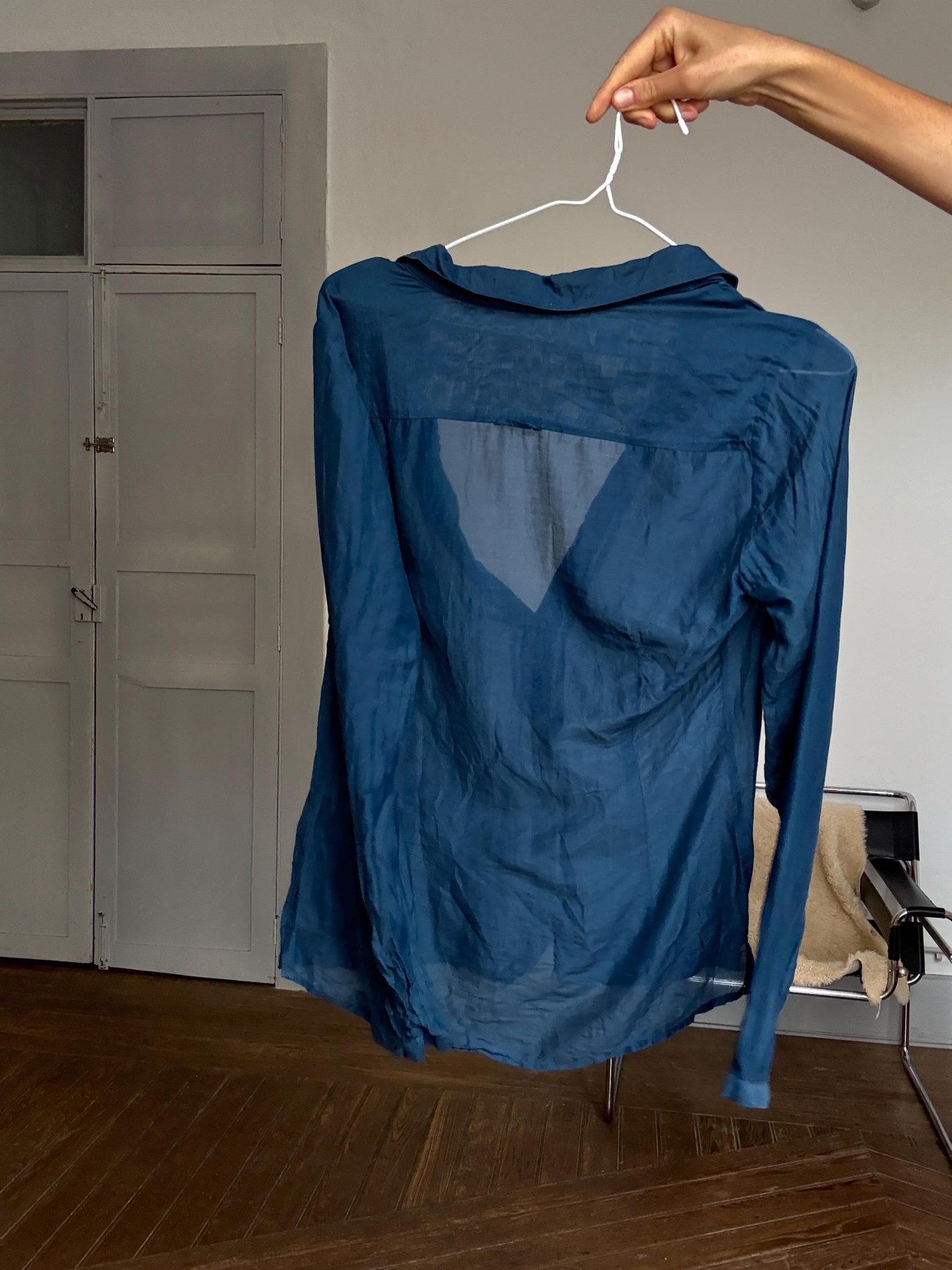 Massimo Dutti navy blue silk sheer blouse – luxury secondhand button down shirt, elegant minimalist top, Size S