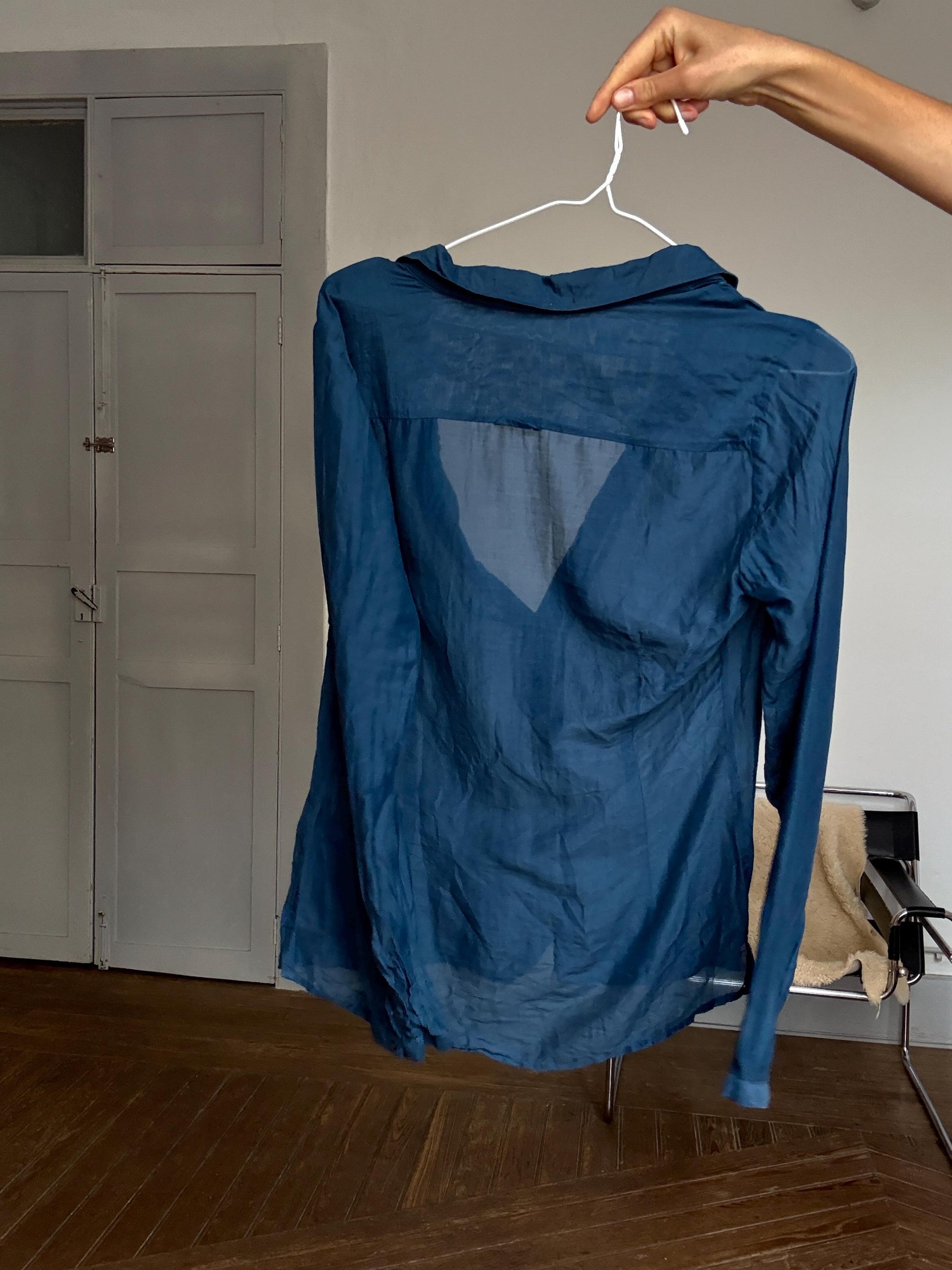 Massimo Dutti navy blue silk sheer blouse – luxury secondhand button down shirt, elegant minimalist top, Size S