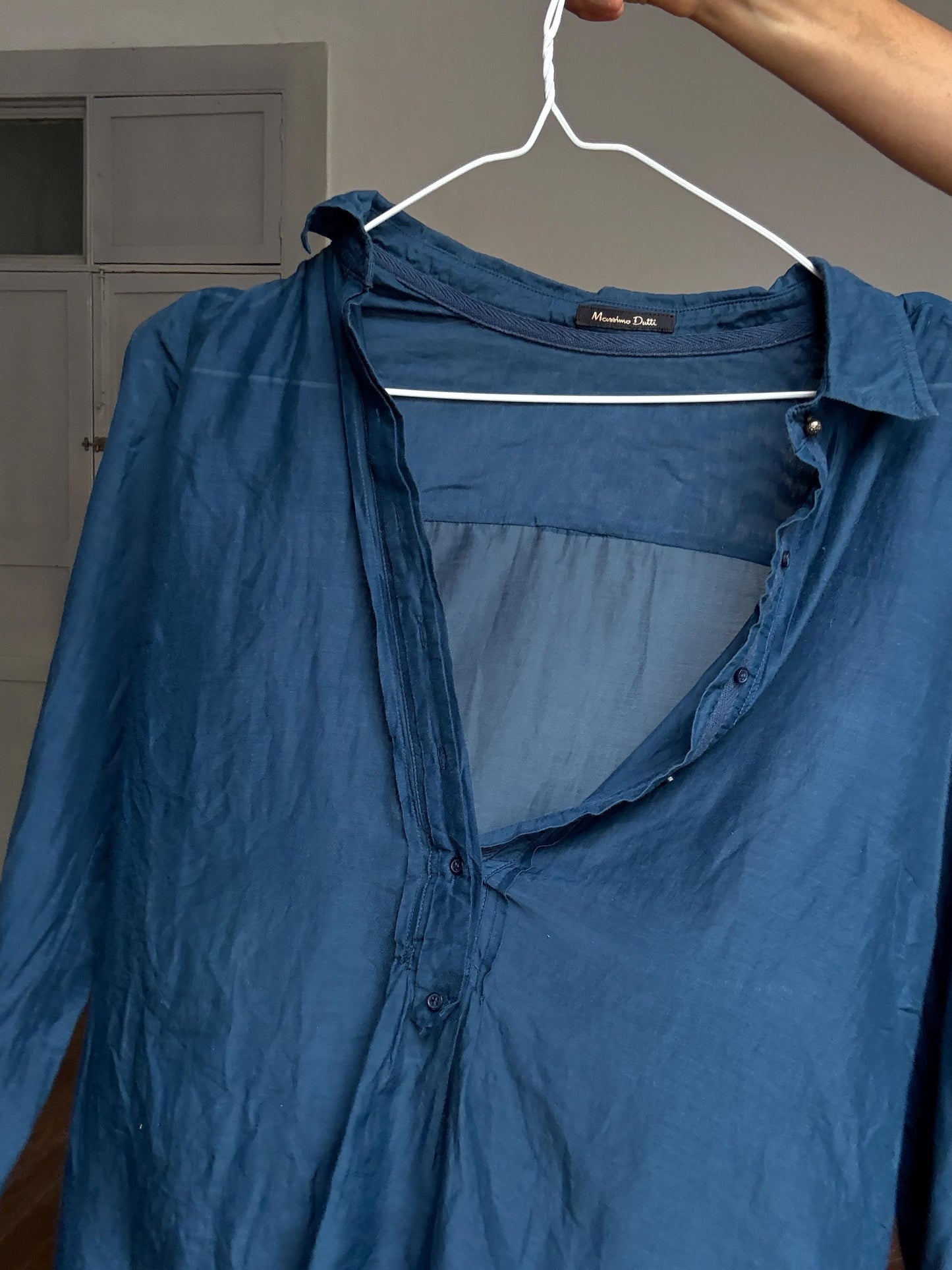 Massimo Dutti navy blue silk sheer blouse – luxury secondhand button down shirt, elegant minimalist top, Size S