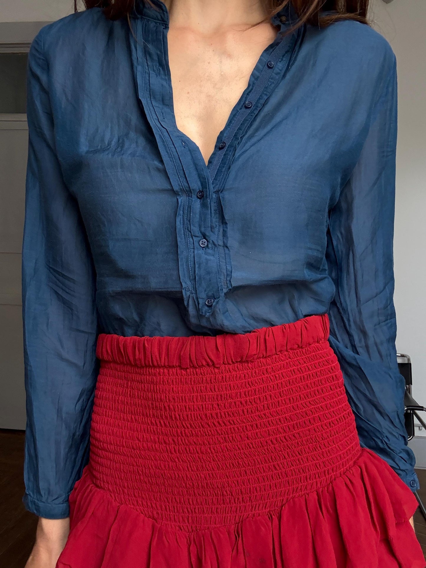 Massimo Dutti navy blue silk sheer blouse – luxury secondhand button down shirt, elegant minimalist top, Size S