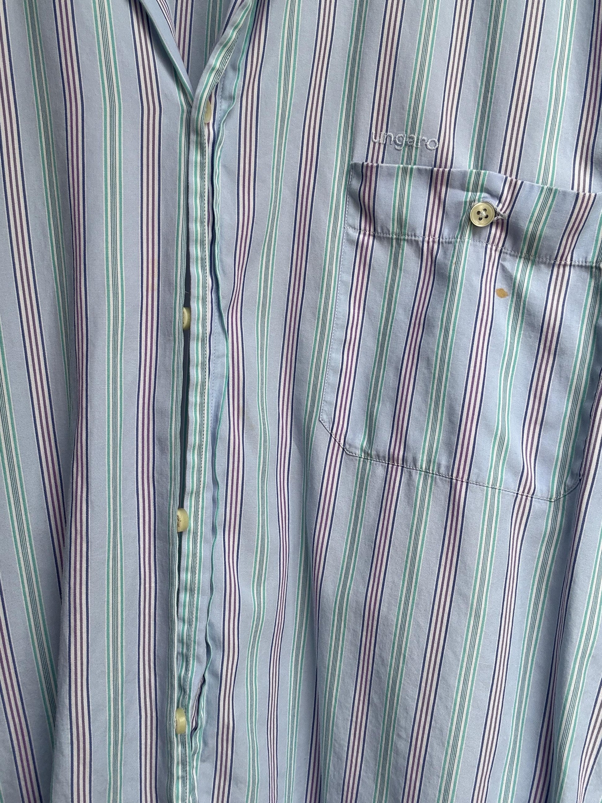 Vintage Ungaro Men’s Striped Shirt – Unisex Fit, French Designer, Button Down, Size L/XL, Styled Cropped or Loose