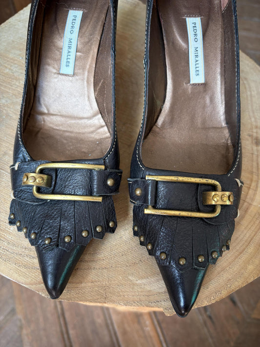 Vintage Pedro Miralles Heels – 90s Black Leather Pointed Toe Pumps, Size 37, Made in Spain, Unworn