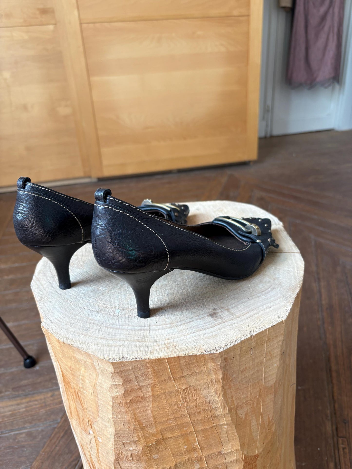Vintage Pedro Miralles Heels – 90s Black Leather Pointed Toe Pumps, Size 37, Made in Spain, Unworn