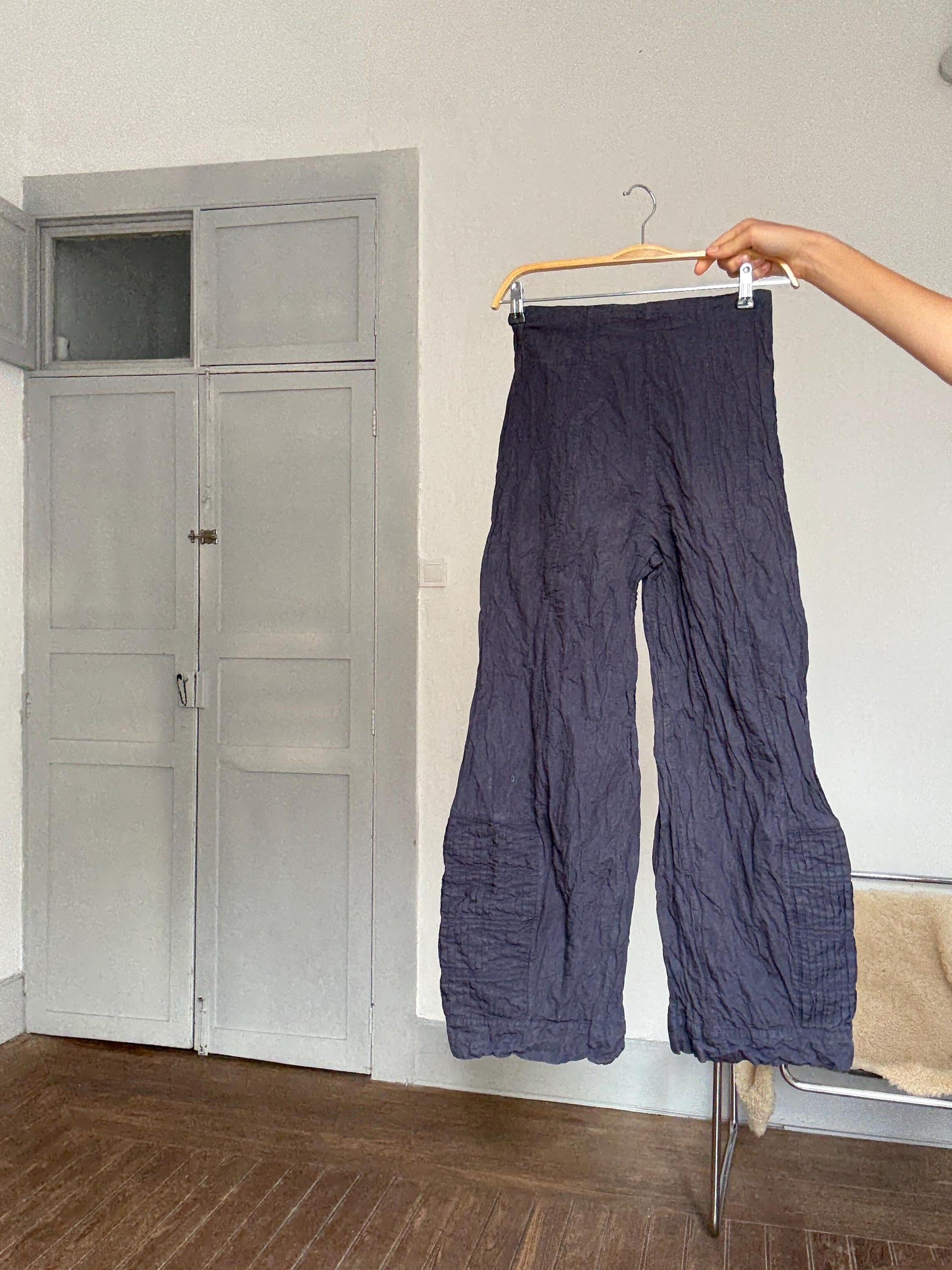 Vintage Sarah Pacini navy blue wide-leg pants – 90s avant-garde Italian designer, cotton & metal blend, size xs - S, made in Italy