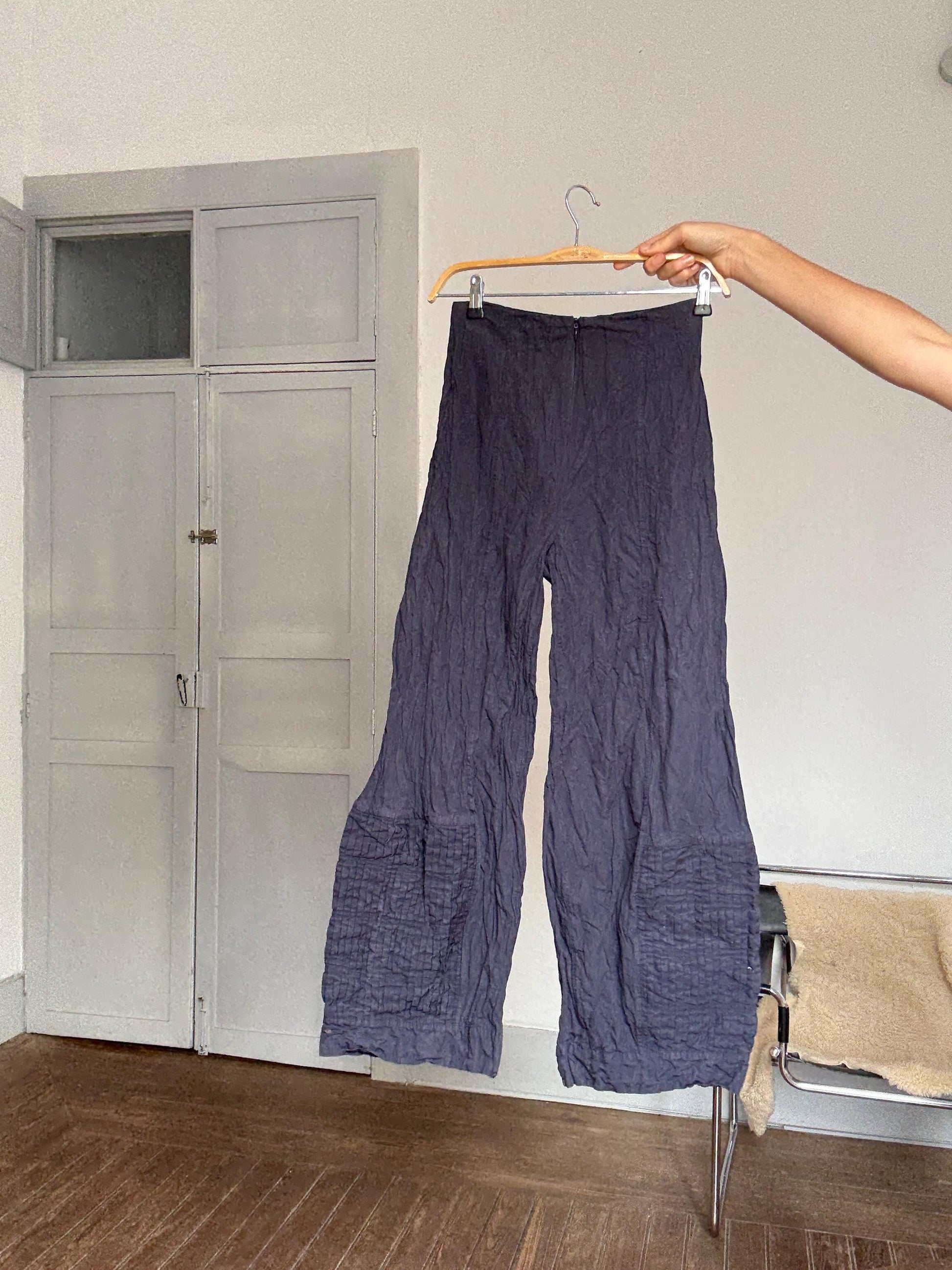 Vintage Sarah Pacini navy blue wide-leg pants – 90s avant-garde Italian designer, cotton & metal blend, size xs - S, made in Italy