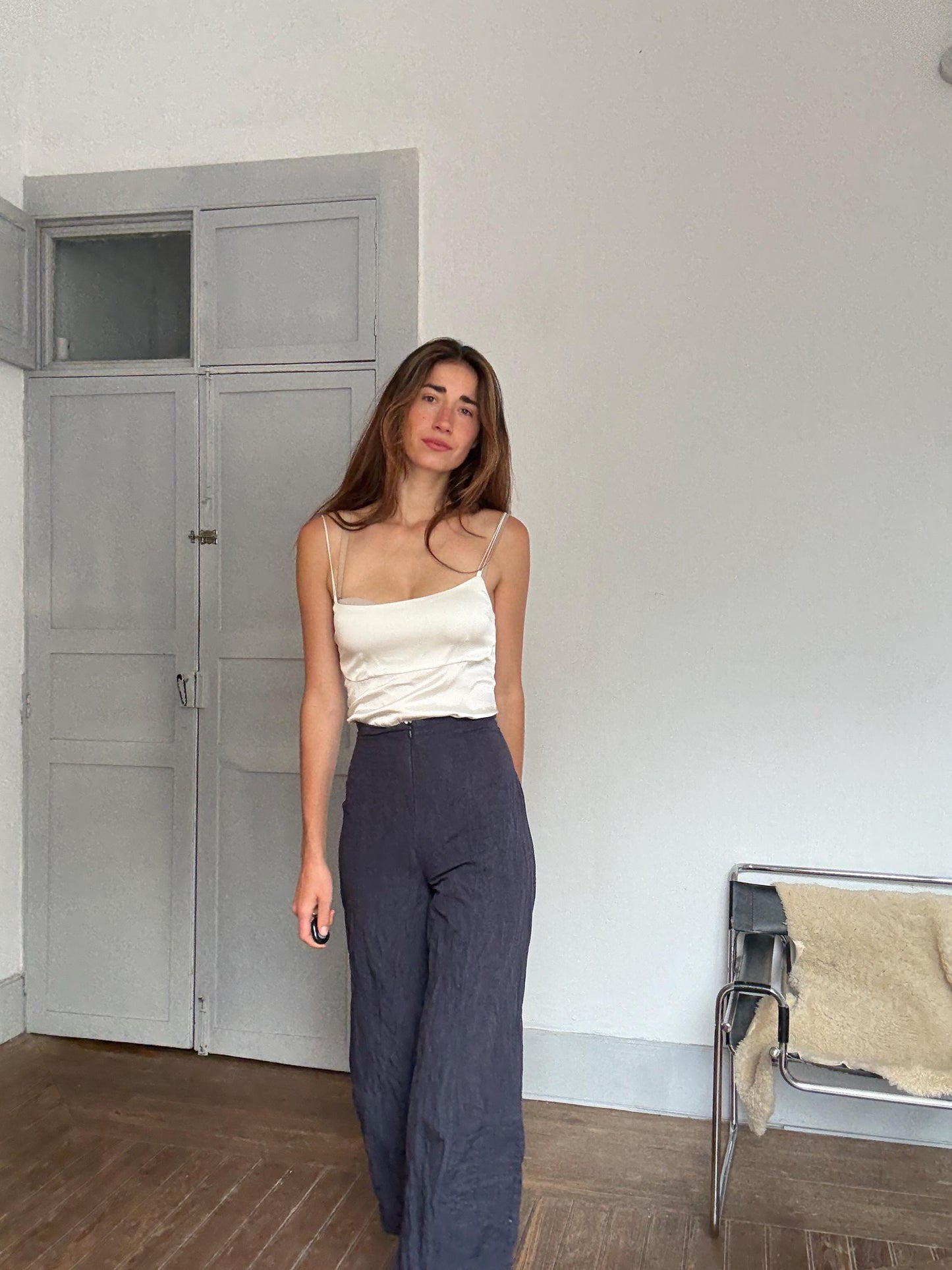 Vintage Sarah Pacini navy blue wide-leg pants – 90s avant-garde Italian designer, cotton & metal blend, size xs - S, made in Italy