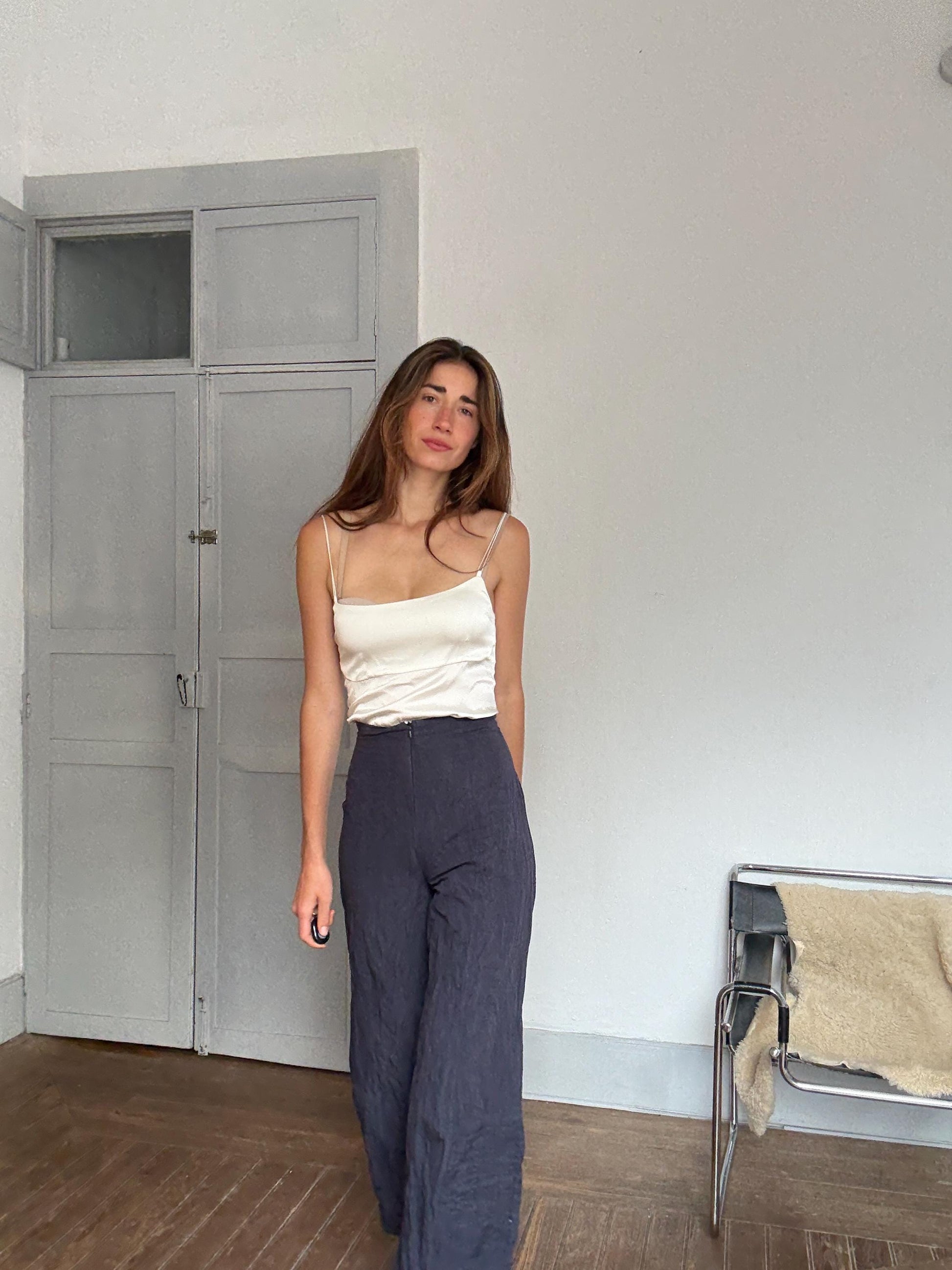 Vintage Sarah Pacini navy blue wide-leg pants – 90s avant-garde Italian designer, cotton & metal blend, size xs - S, made in Italy