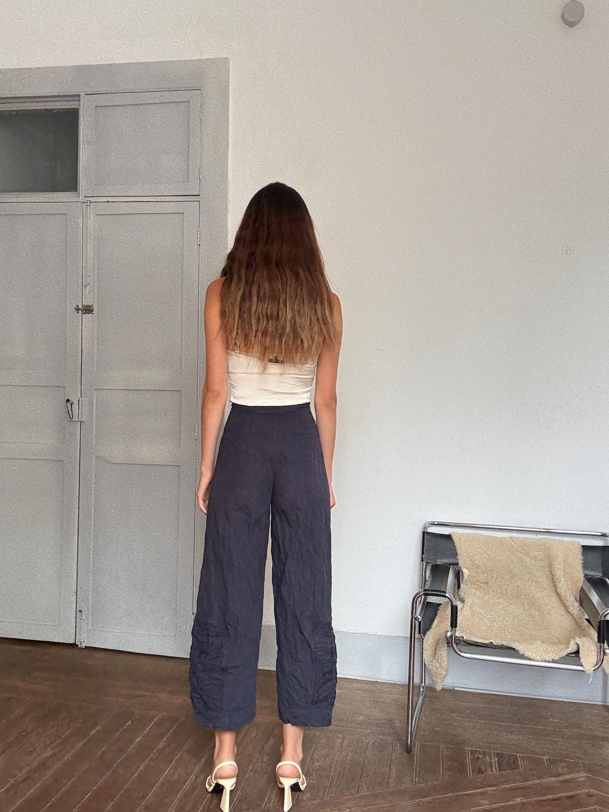 Vintage Sarah Pacini navy blue wide-leg pants – 90s avant-garde Italian designer, cotton & metal blend, size xs - S, made in Italy