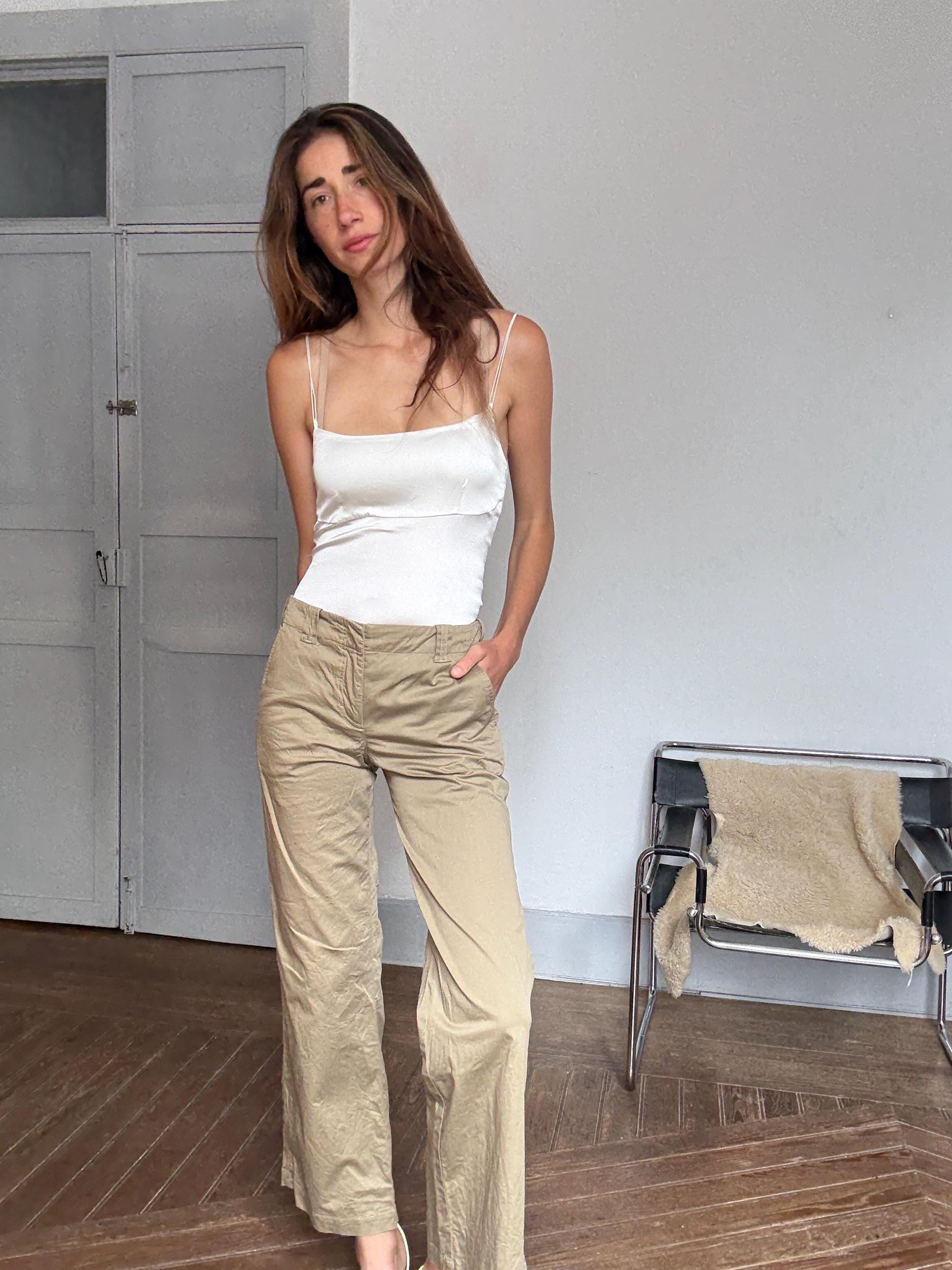 Vintage Marc Cain Khaki Pants | Italian Cotton Silk Blend | Size 3 | High Waist Trousers | 90s Minimal Style | Soft Wide-Leg Fit