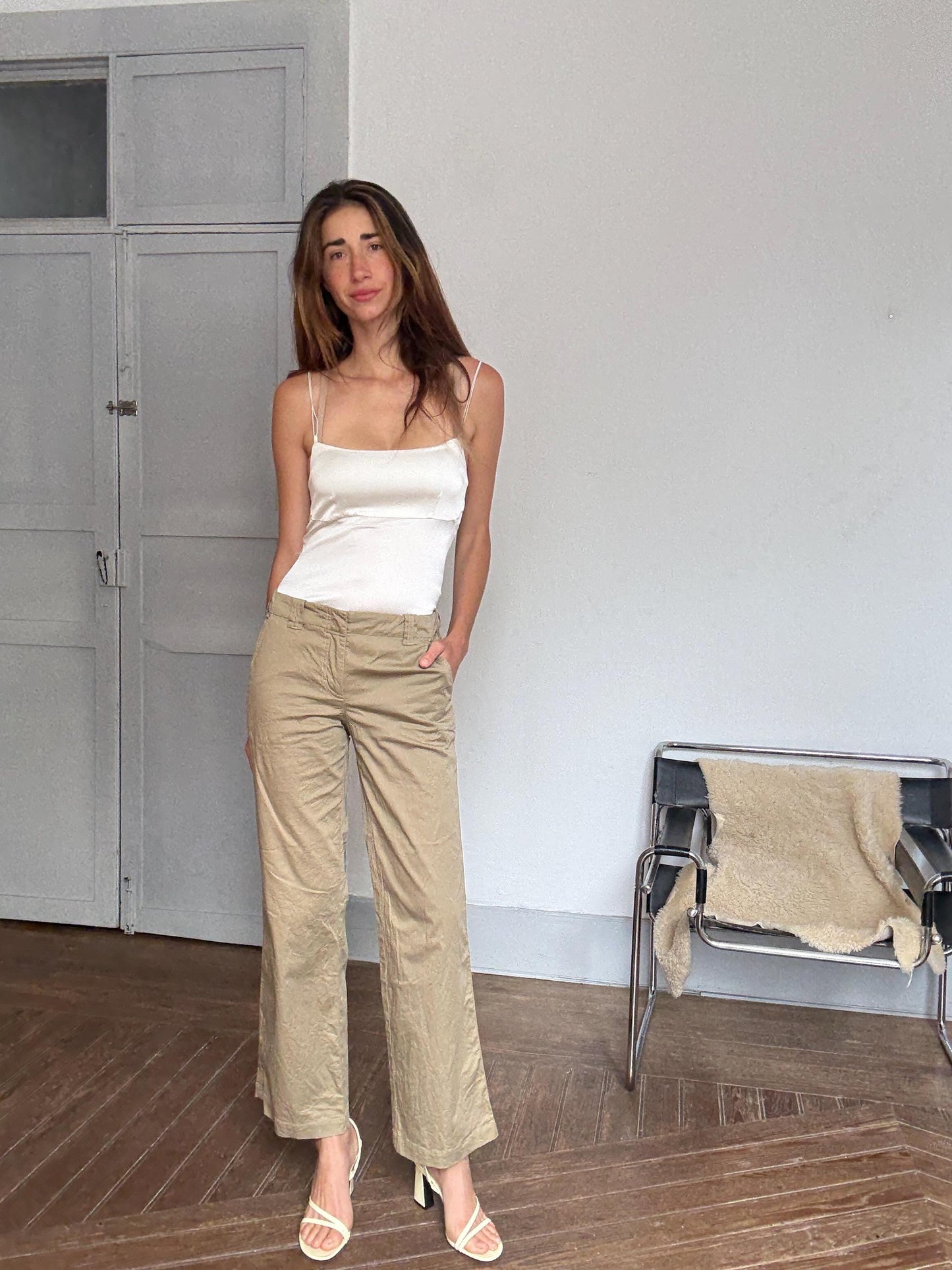 Vintage Marc Cain Khaki Pants | Italian Cotton Silk Blend | Size 3 | High Waist Trousers | 90s Minimal Style | Soft Wide-Leg Fit
